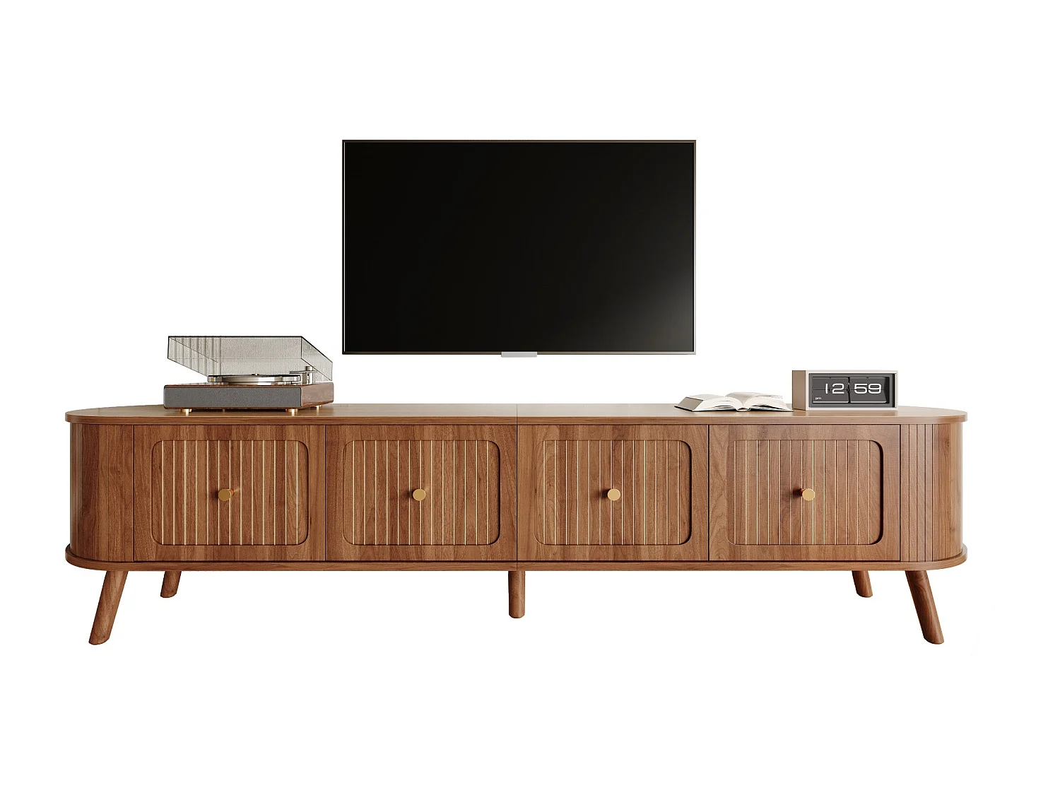 Moderner TV-Ständer – 180 x 38 x 47 cm – mit 4 Türen und Holzbeinen – einzigartiges Design – MDF + Spanplatte – braun