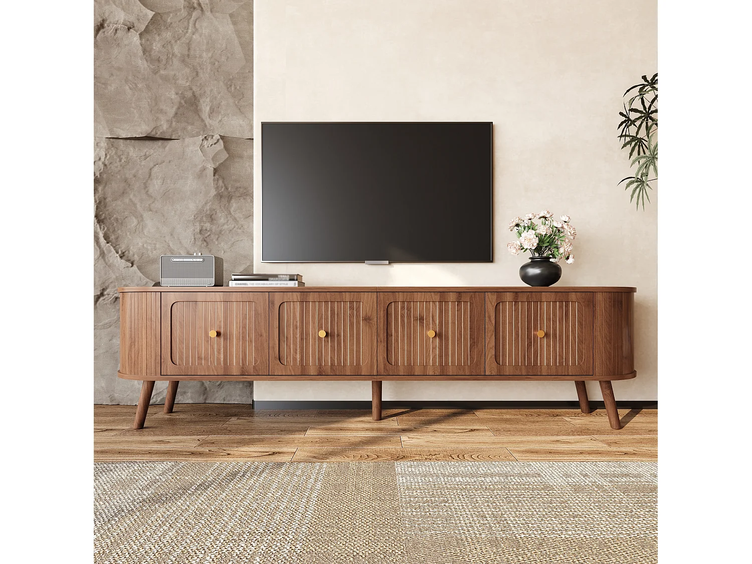 Moderner TV-Ständer – 180 x 38 x 47 cm – mit 4 Türen und Holzbeinen – einzigartiges Design – MDF + Spanplatte – braun