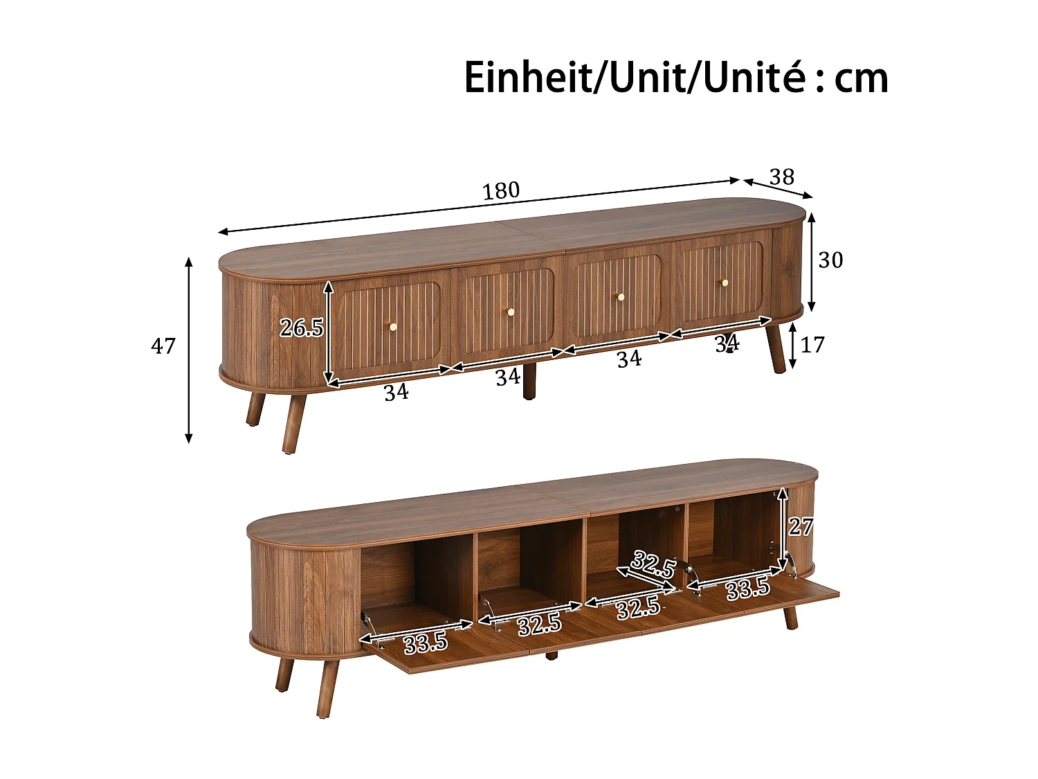 Moderner TV-Ständer – 180 x 38 x 47 cm – mit 4 Türen und Holzbeinen – einzigartiges Design – MDF + Spanplatte – braun