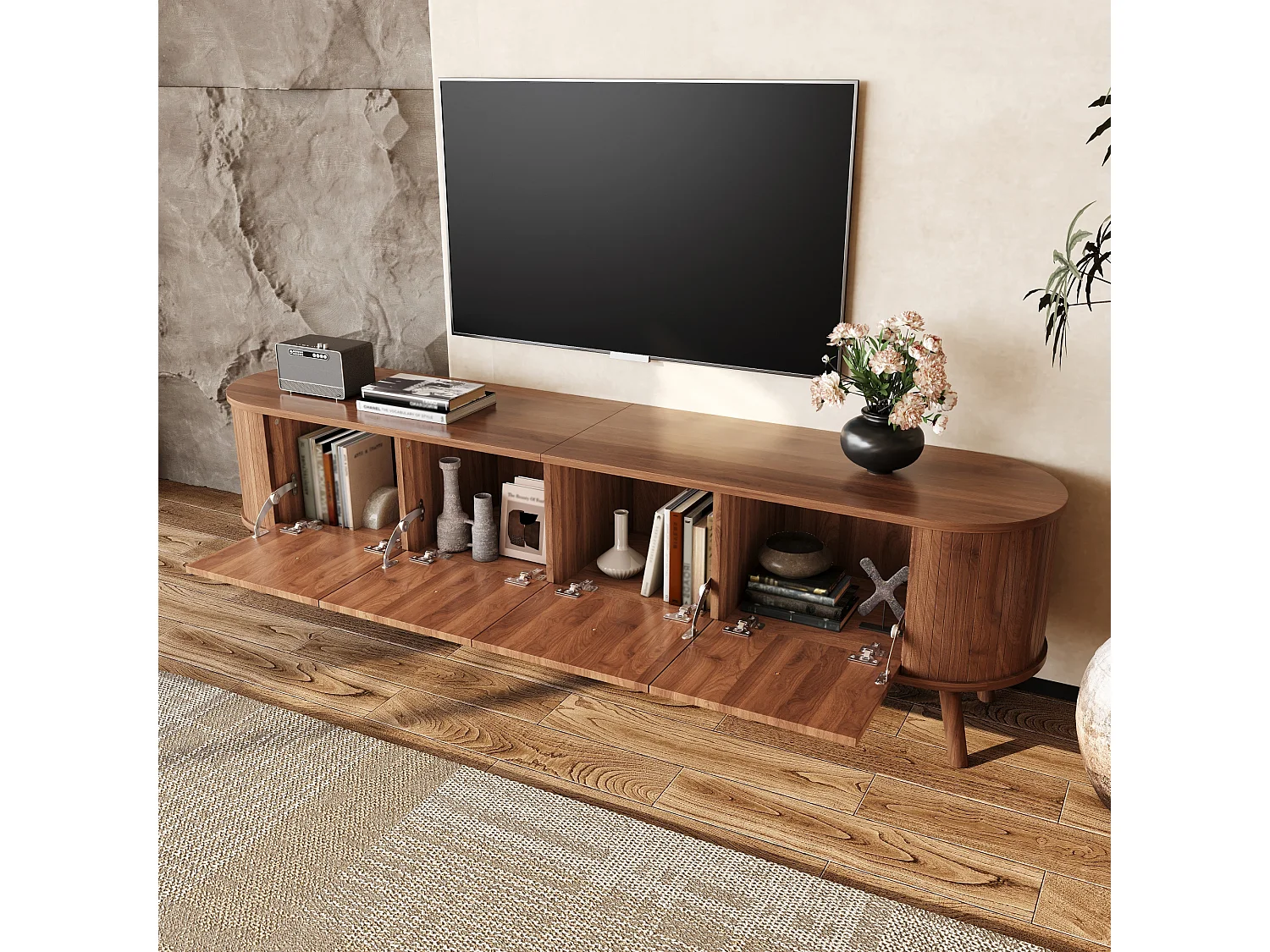 Moderner TV-Ständer – 180 x 38 x 47 cm – mit 4 Türen und Holzbeinen – einzigartiges Design – MDF + Spanplatte – braun