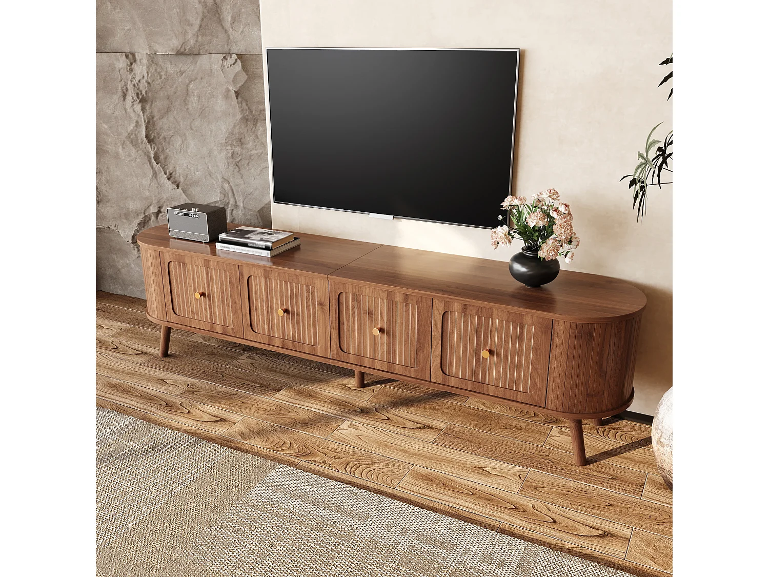 Moderner TV-Ständer – 180 x 38 x 47 cm – mit 4 Türen und Holzbeinen – einzigartiges Design – MDF + Spanplatte – braun