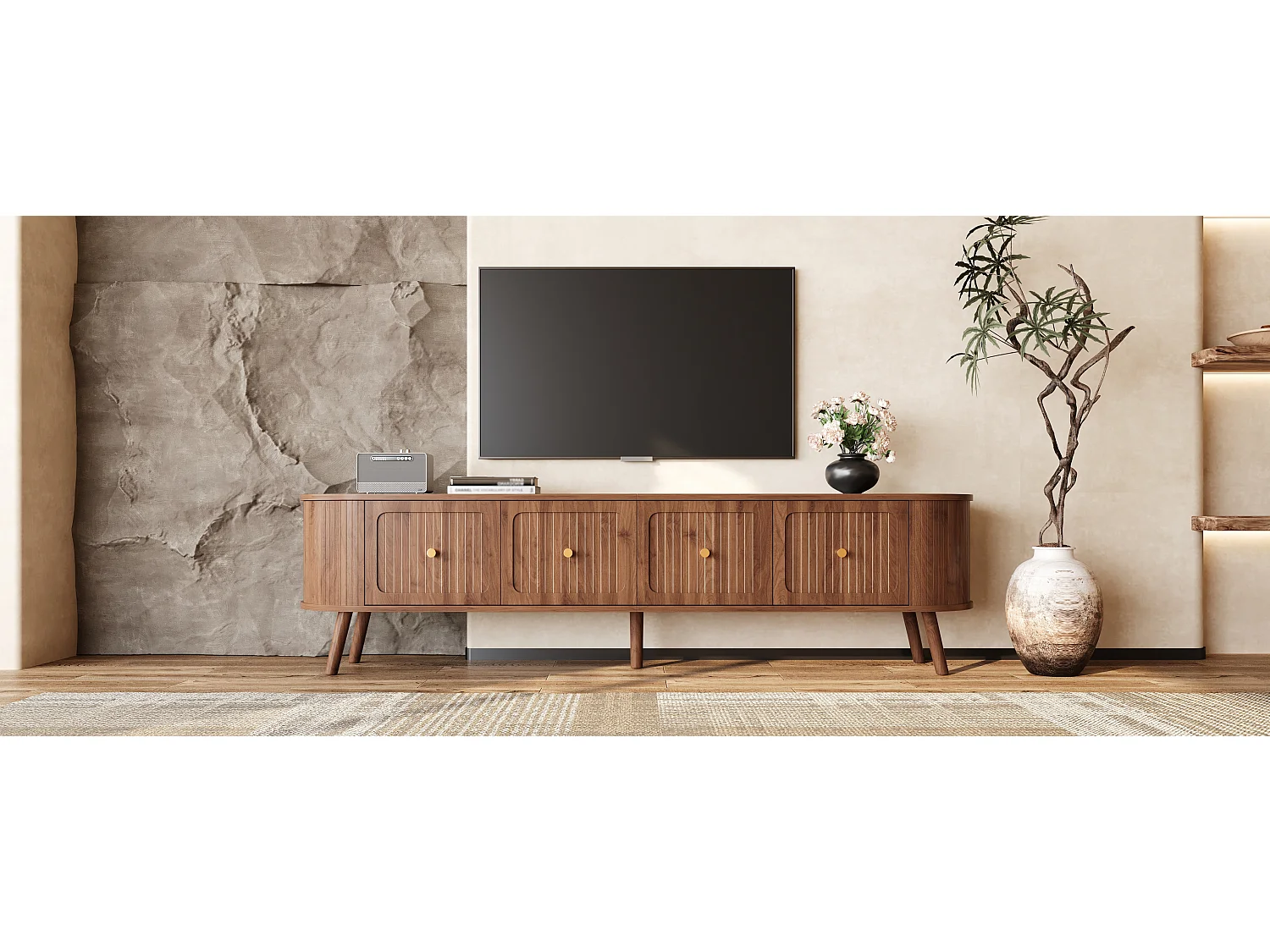 Moderner TV-Ständer – 180 x 38 x 47 cm – mit 4 Türen und Holzbeinen – einzigartiges Design – MDF + Spanplatte – braun