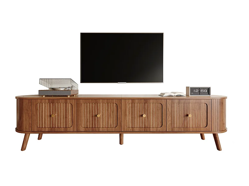 Moderner TV-Ständer – 180 x 38 x 47 cm – mit 4 Türen und Holzbeinen – einzigartiges Design – MDF + Spanplatte – braun