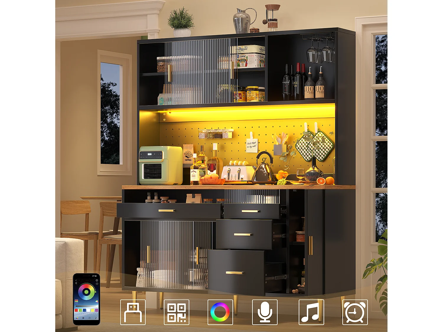 Modernes Küchen-Sideboard – 145 x 24 x 171 cm – mit LEDs, Regalböden, Türen und 4 Schubladen – Glas und MDF – schwarz