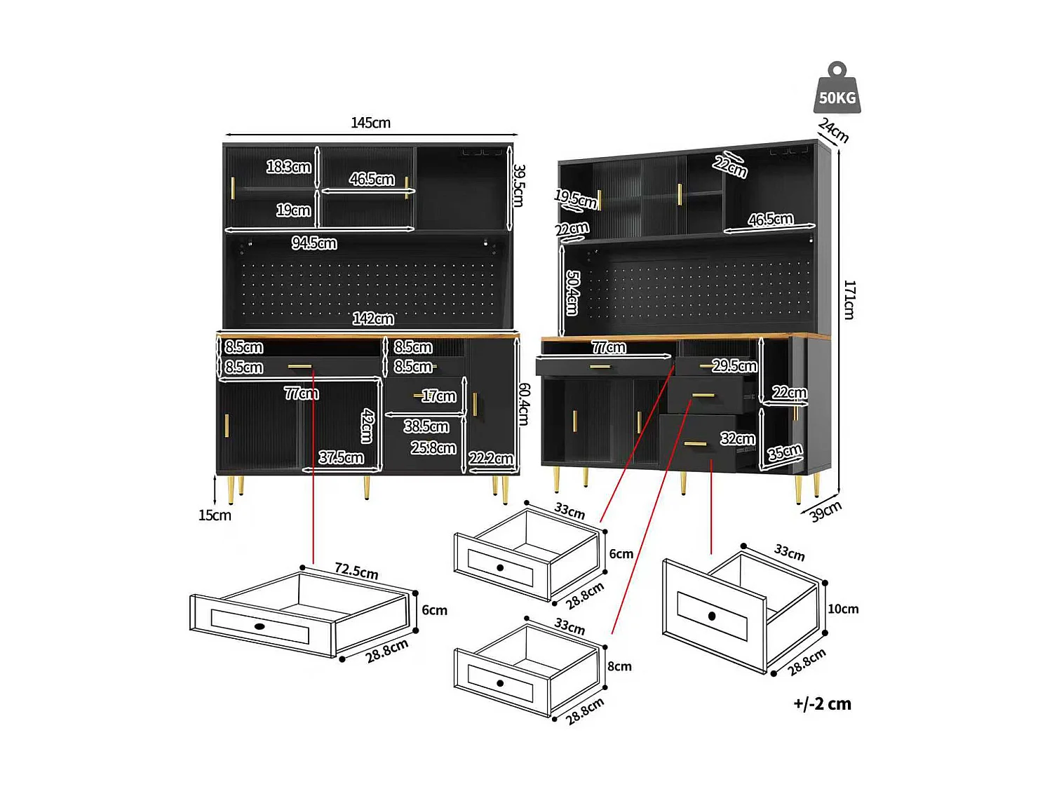 Modernes Küchen-Sideboard – 145 x 24 x 171 cm – mit LEDs, Regalböden, Türen und 4 Schubladen – Glas und MDF – schwarz