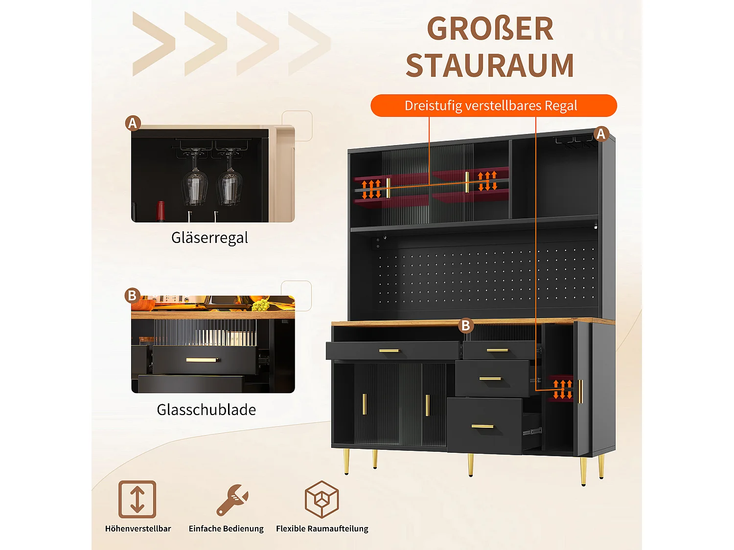 Modernes Küchen-Sideboard – 145 x 24 x 171 cm – mit LEDs, Regalböden, Türen und 4 Schubladen – Glas und MDF – schwarz