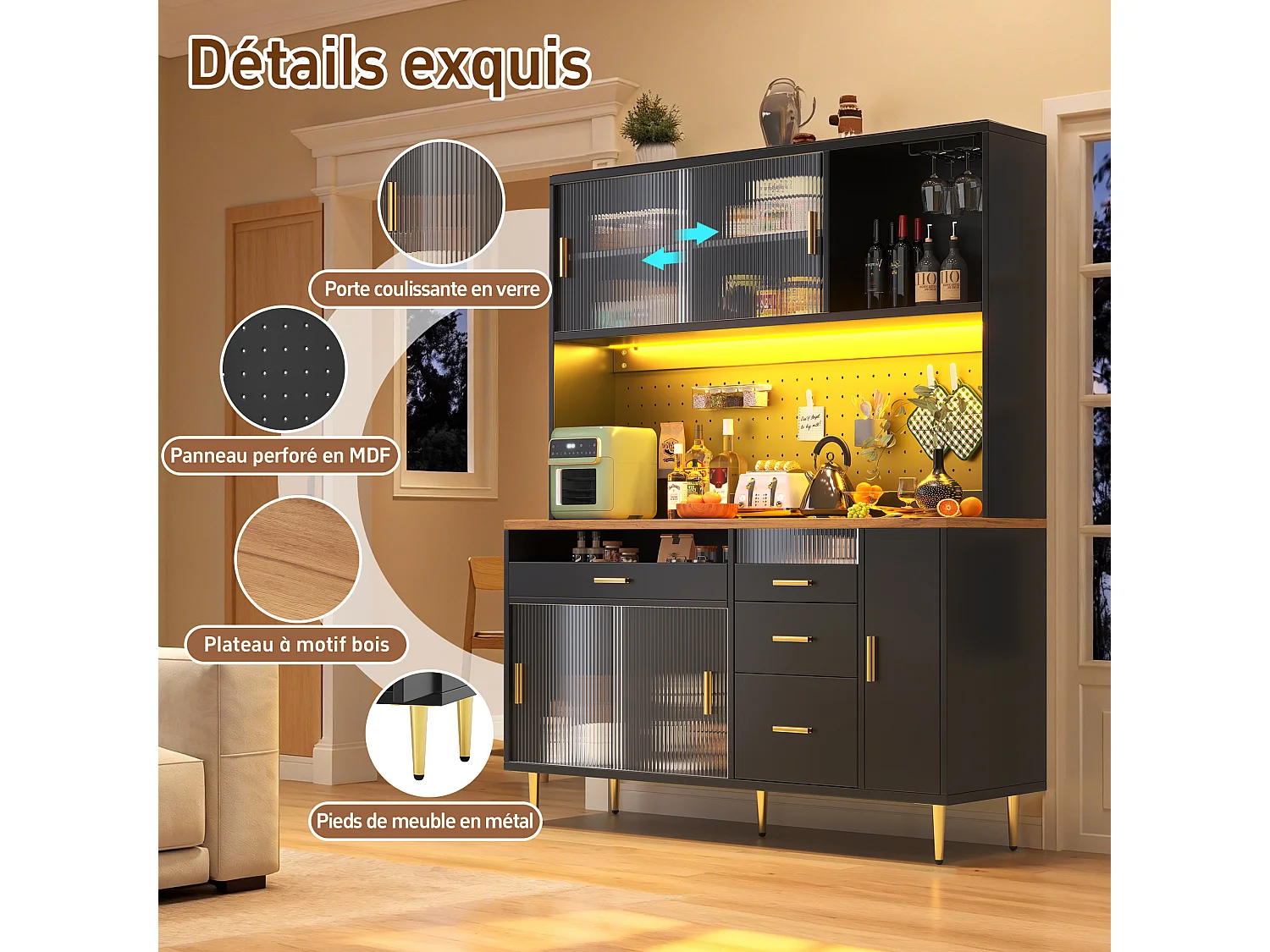 Modernes Küchen-Sideboard – 145 x 24 x 171 cm – mit LEDs, Regalböden, Türen und 4 Schubladen – Glas und MDF – schwarz