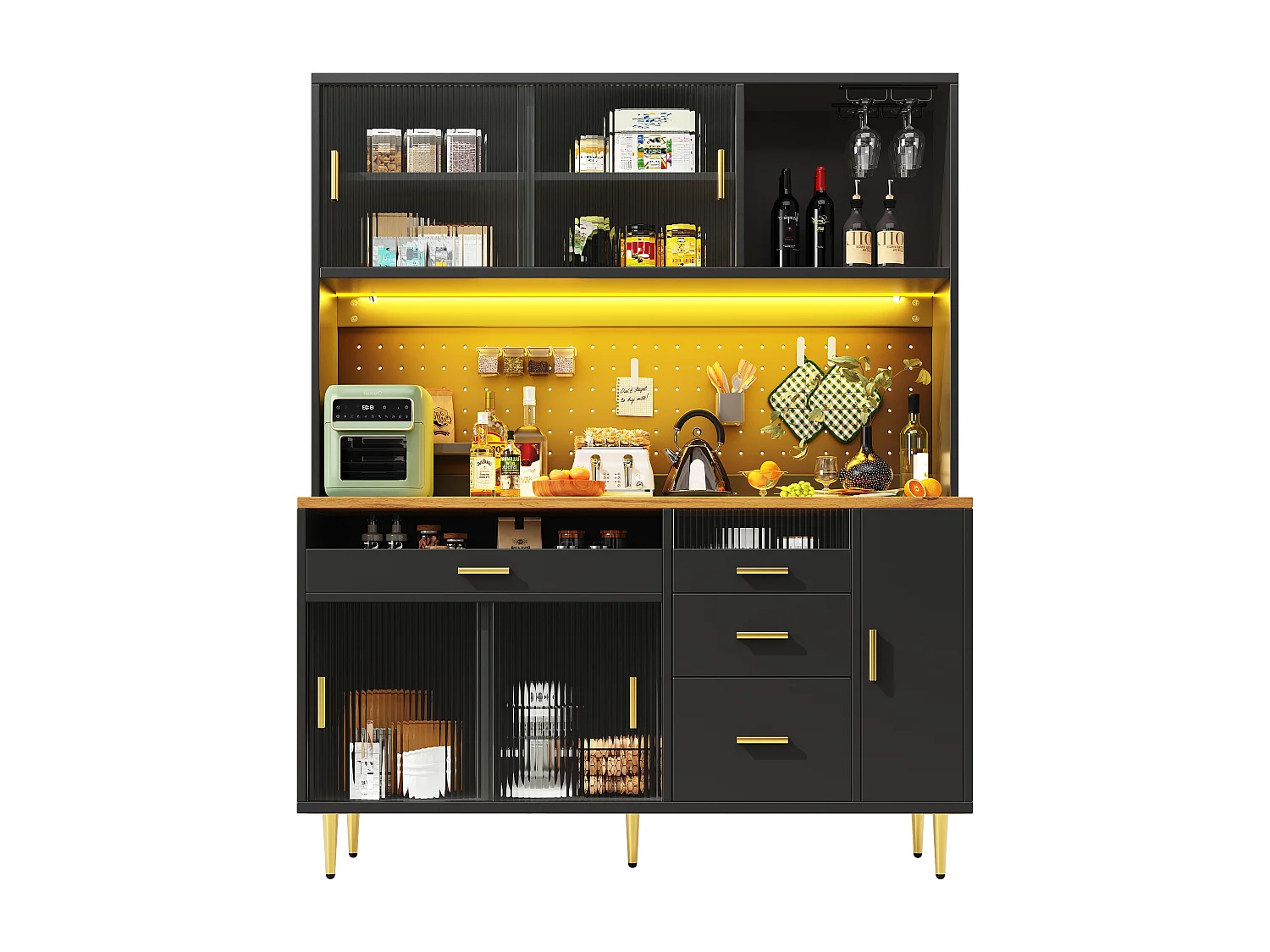 Modernes Küchen-Sideboard – 145 x 24 x 171 cm – mit LEDs, Regalböden, Türen und 4 Schubladen – Glas und MDF – schwarz