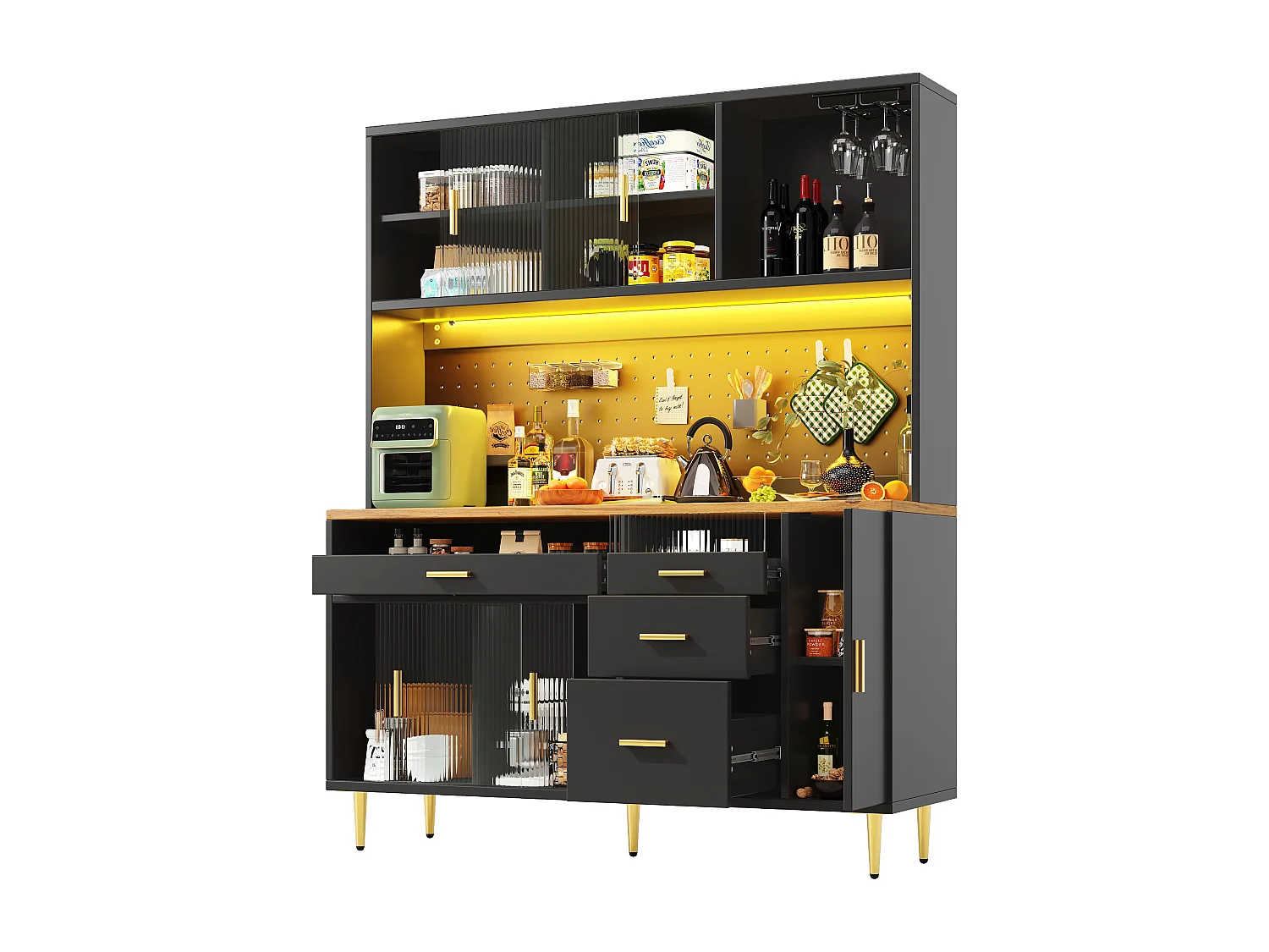 Modernes Küchen-Sideboard – 145 x 24 x 171 cm – mit LEDs, Regalböden, Türen und 4 Schubladen – Glas und MDF – schwarz