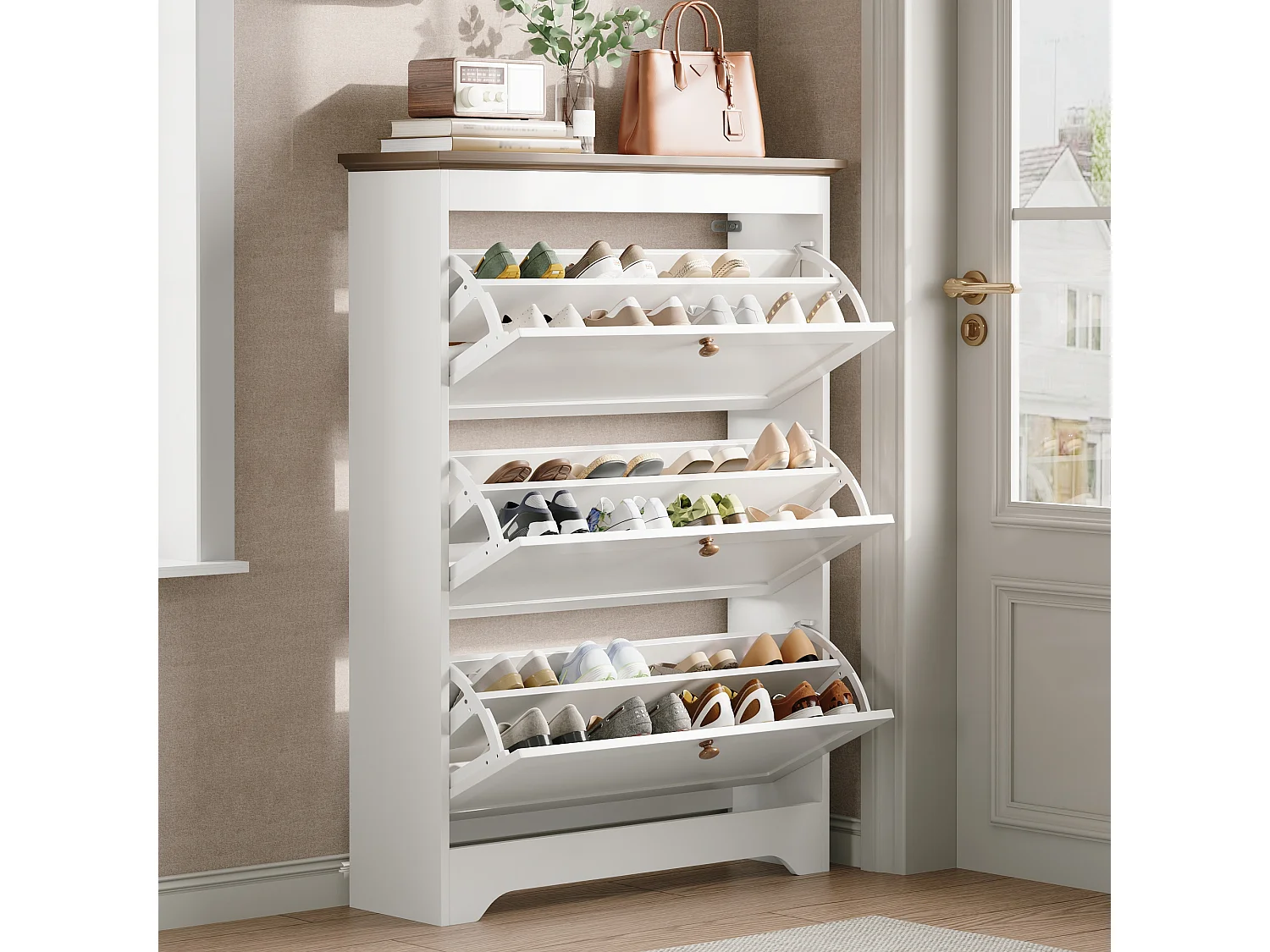 Meuble à chaussures moderne - 87 x 26 x 120 cm - avec 3 portes - pour l'entrée/ l'entrée/le couloir - MDF - blanc