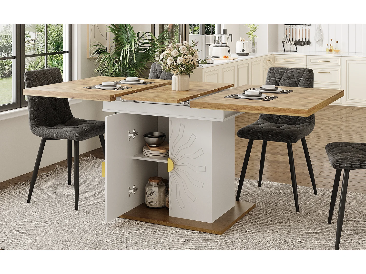 Ensemble de salle à manger 5 pièces - table extensible avec rangement - 110(140) x 70x 76 cm + 4 chaises - MDF - gris + blanc