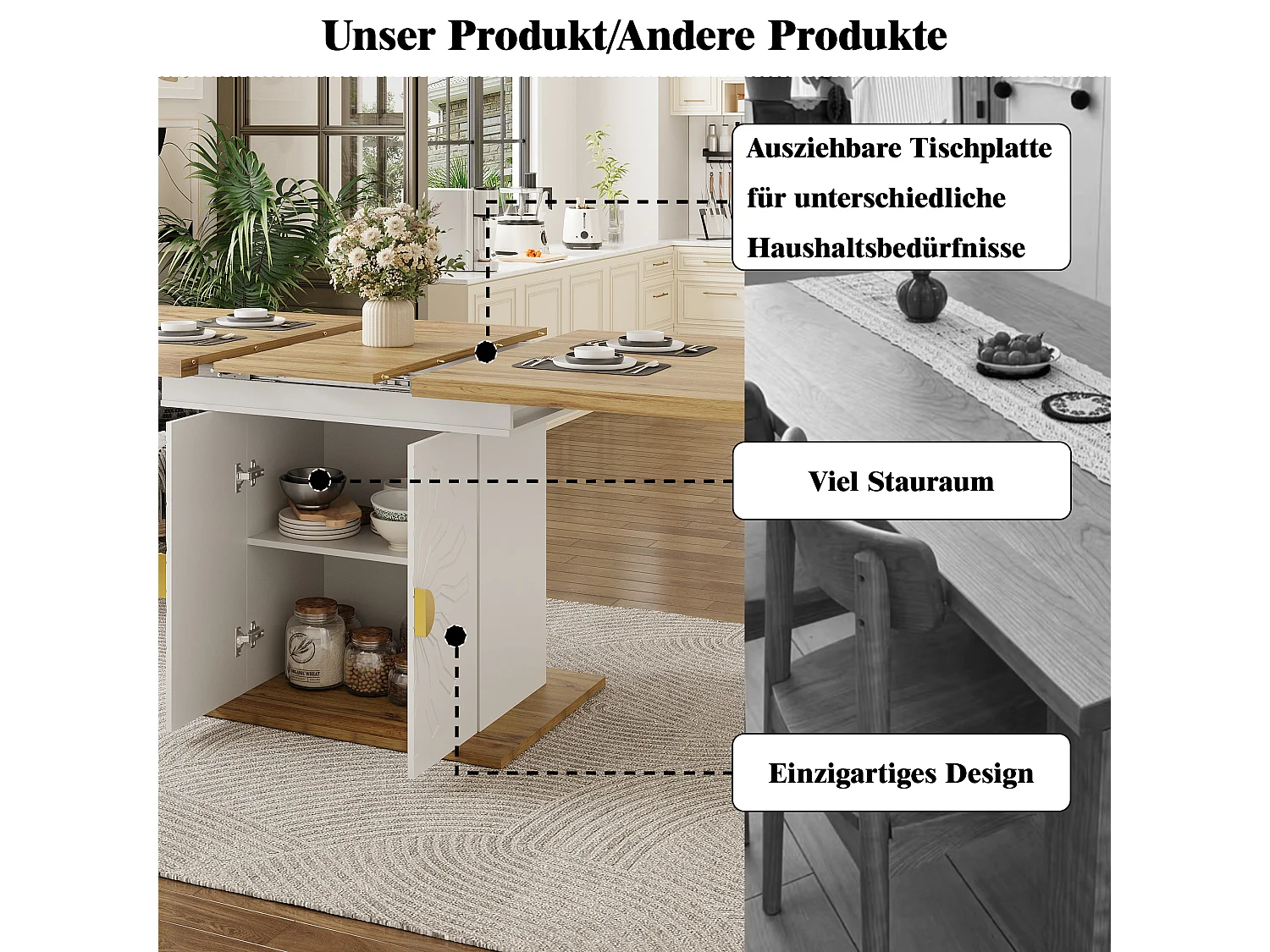 Ensemble de salle à manger 5 pièces - table extensible avec rangement - 110(140) x 70x 76 cm + 4 chaises - MDF - gris + blanc