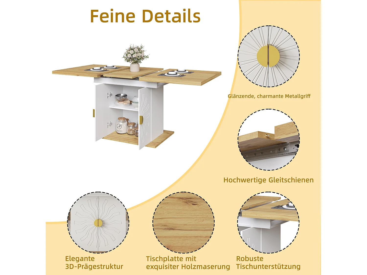 Ensemble de salle à manger 5 pièces - table extensible avec rangement - 110(140) x 70x 76 cm + 4 chaises - MDF - gris + blanc