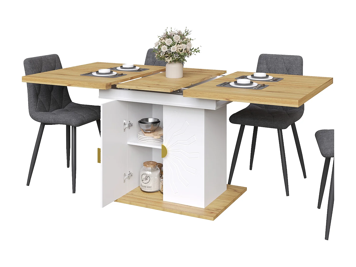 Ensemble de salle à manger 5 pièces - table extensible avec rangement - 110(140) x 70x 76 cm + 4 chaises - MDF - gris + blanc
