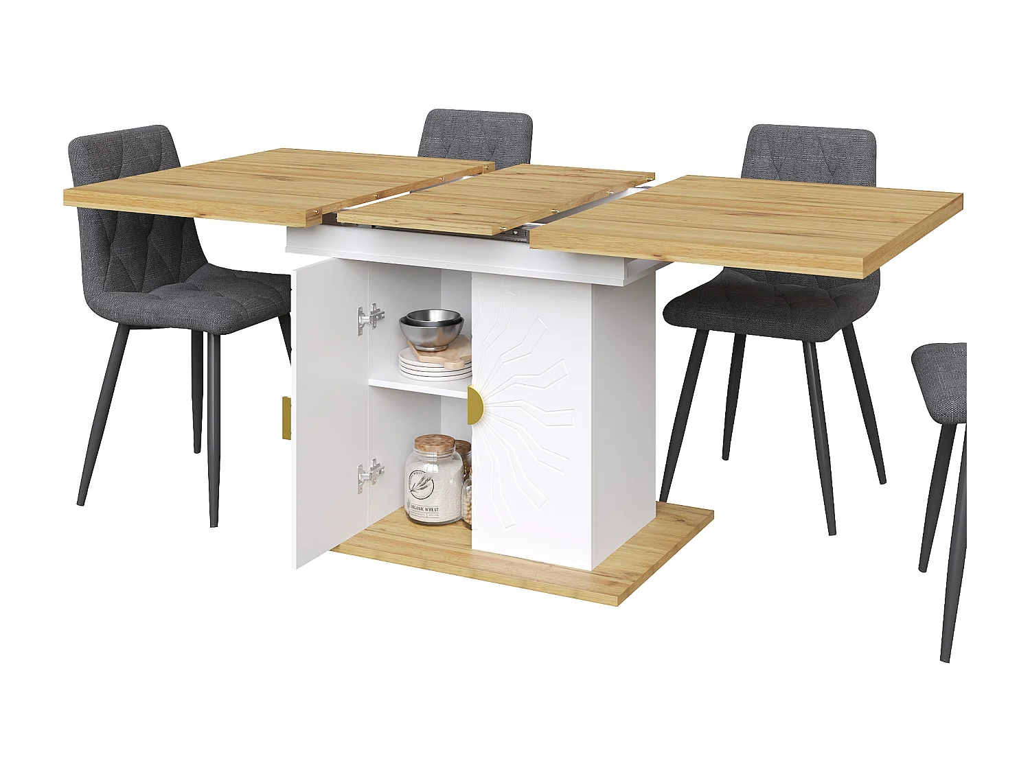 Ensemble de salle à manger 5 pièces - table extensible avec rangement - 110(140) x 70x 76 cm + 4 chaises - MDF - gris + blanc