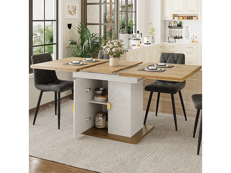 Ensemble de salle à manger 5 pièces - table extensible avec rangement - 110(140) x 70x 76 cm + 4 chaises - MDF - gris + blanc