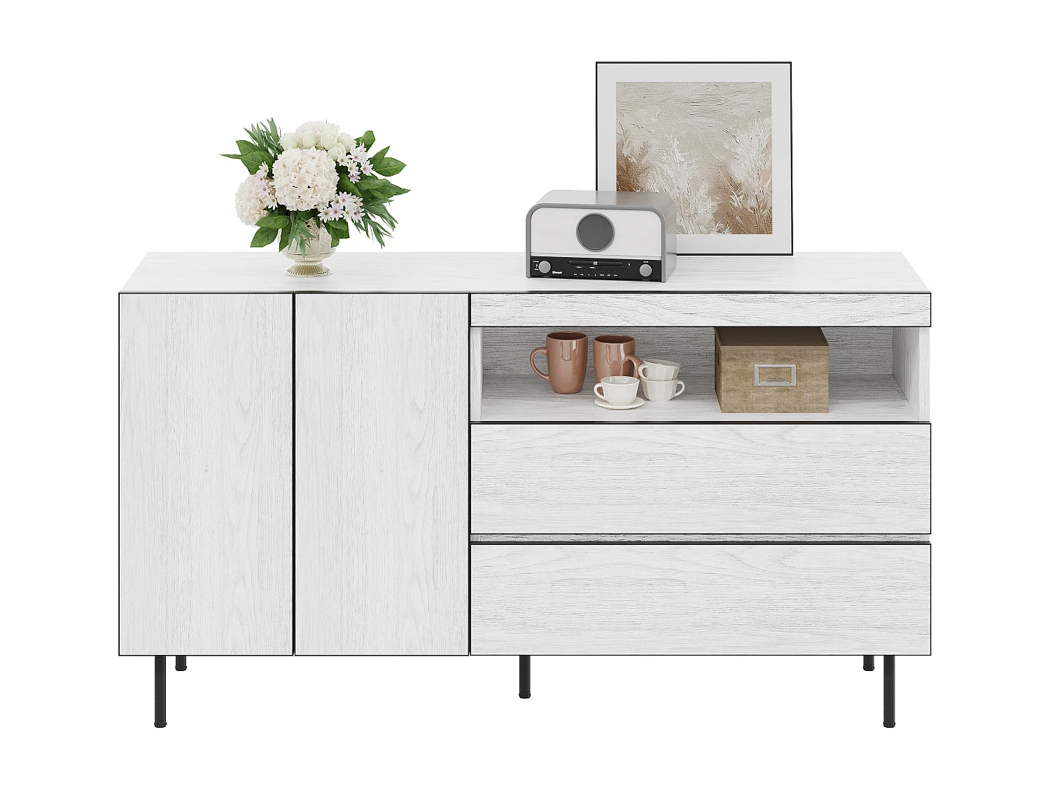 Nowoczesna i minimalistyczna komoda - 140 x 42 x 77 cm - z 2 drzwiami + 2 szufladami + otwartymi półkami - płyta wiórowa - biała