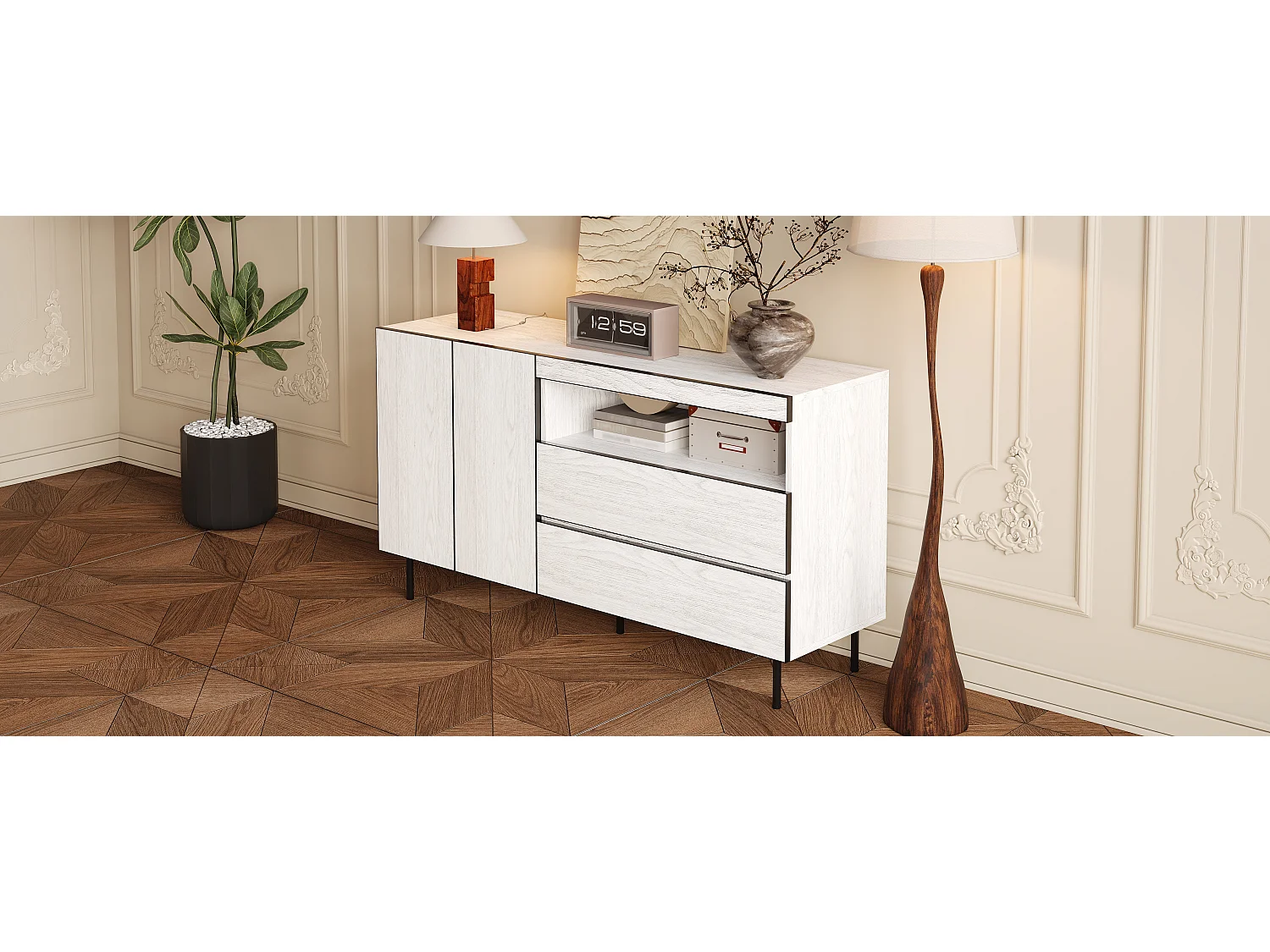 Nowoczesna i minimalistyczna komoda - 140 x 42 x 77 cm - z 2 drzwiami + 2 szufladami + otwartymi półkami - płyta wiórowa - biała