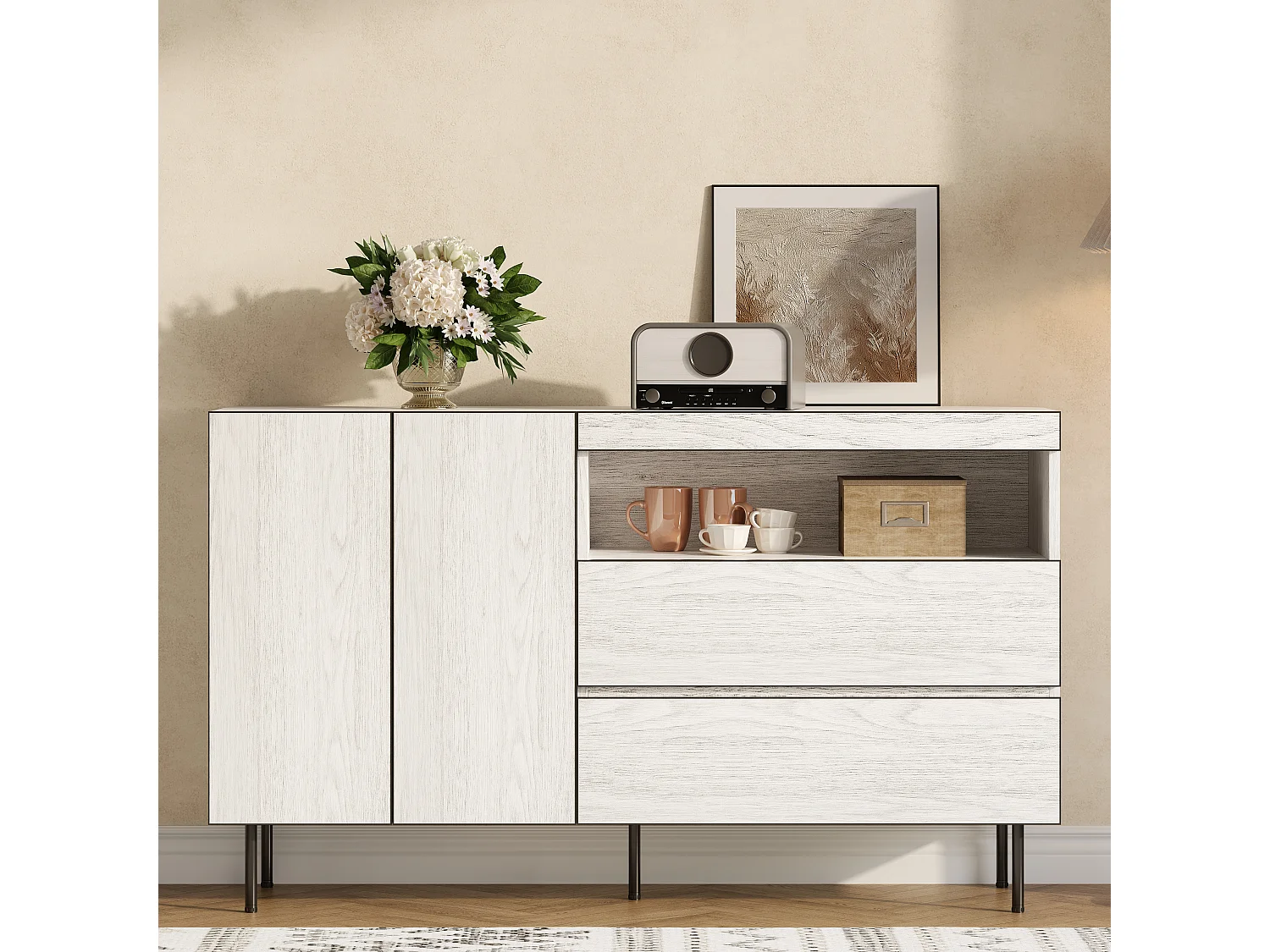 Nowoczesna i minimalistyczna komoda - 140 x 42 x 77 cm - z 2 drzwiami + 2 szufladami + otwartymi półkami - płyta wiórowa - biała