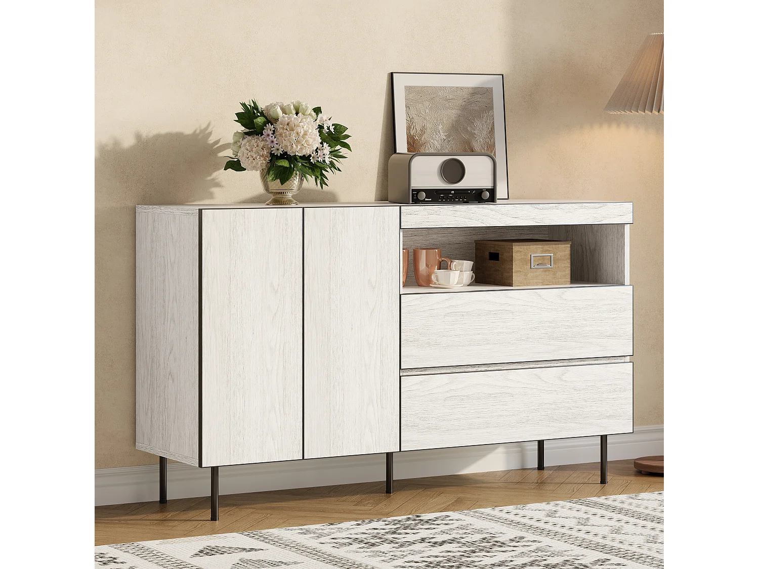 Nowoczesna i minimalistyczna komoda - 140 x 42 x 77 cm - z 2 drzwiami + 2 szufladami + otwartymi półkami - płyta wiórowa - biała