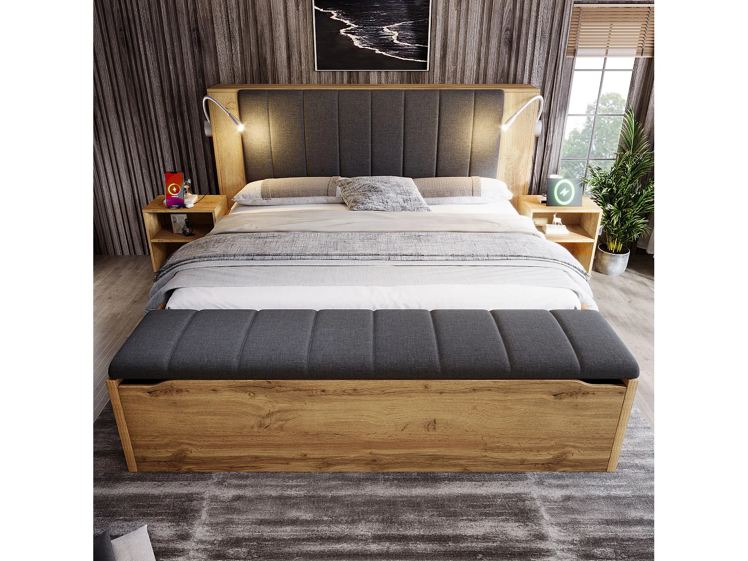 Łóżko podwójne drewniane - 180 x 200 cm - ze składanym zagłówkiem + 2 szafki nocne + ława ze schowkiem + 2 lampki - naturalne