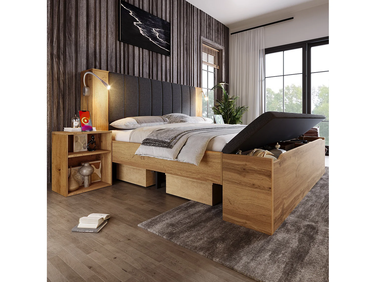 Łóżko podwójne drewniane - 180 x 200 cm - ze składanym zagłówkiem + 2 szafki nocne + ława ze schowkiem + 2 lampki - naturalne