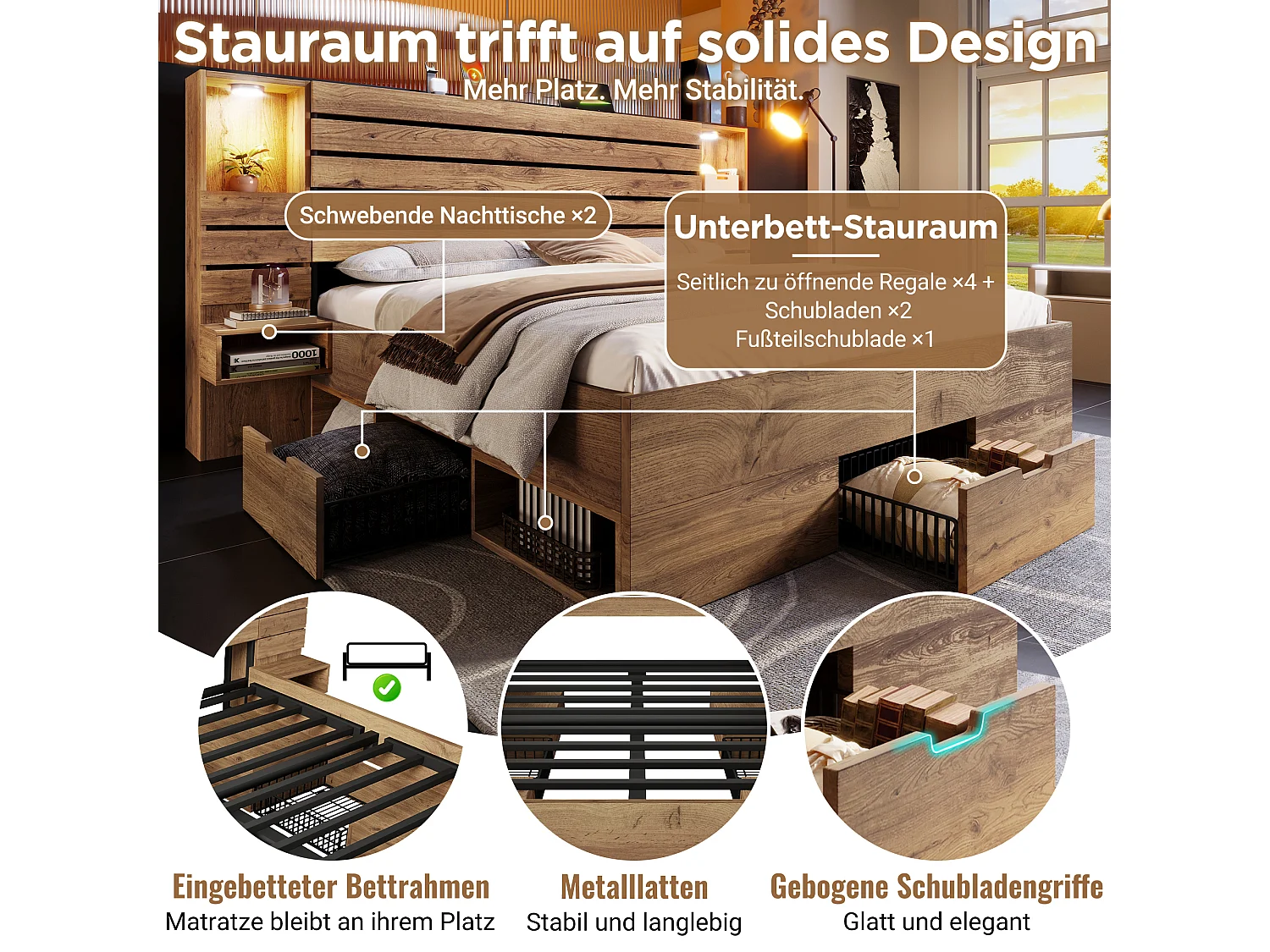 Łóżko podwójne z efektem dębu - 180 x 200 cm - z diodami LED + USB + 2 szafki nocne + szuflady - drewno - naturalne