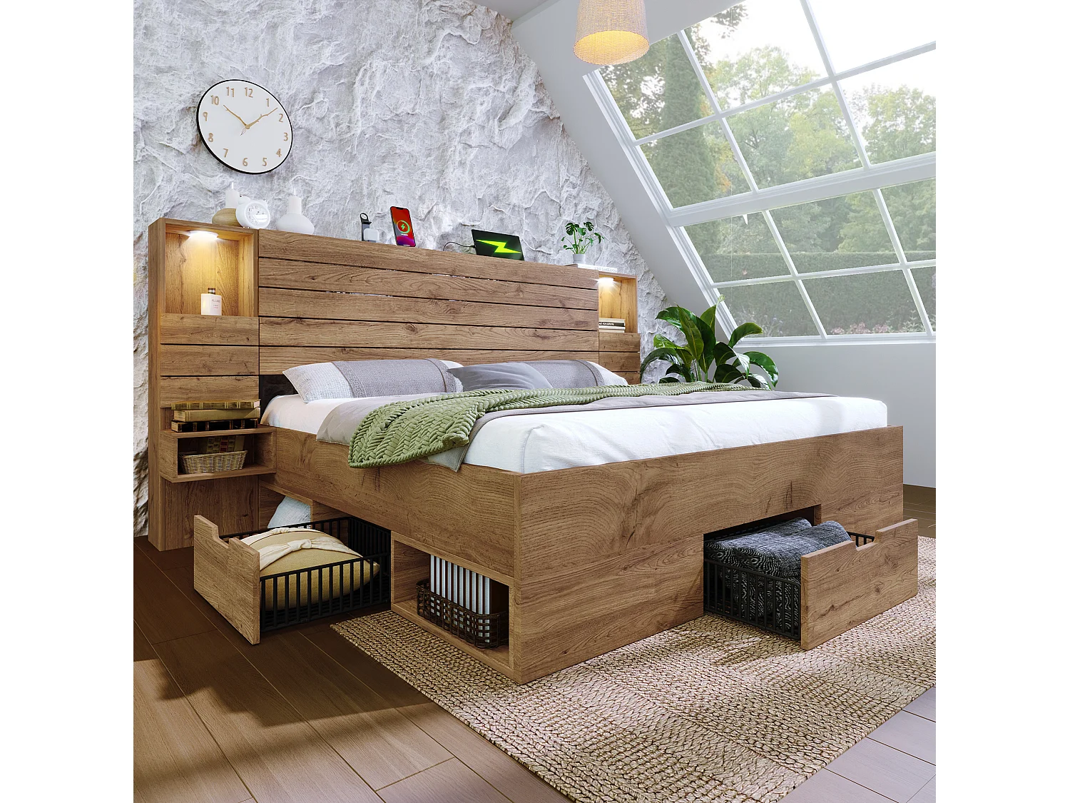 Łóżko podwójne z efektem dębu - 180 x 200 cm - z diodami LED + USB + 2 szafki nocne + szuflady - drewno - naturalne