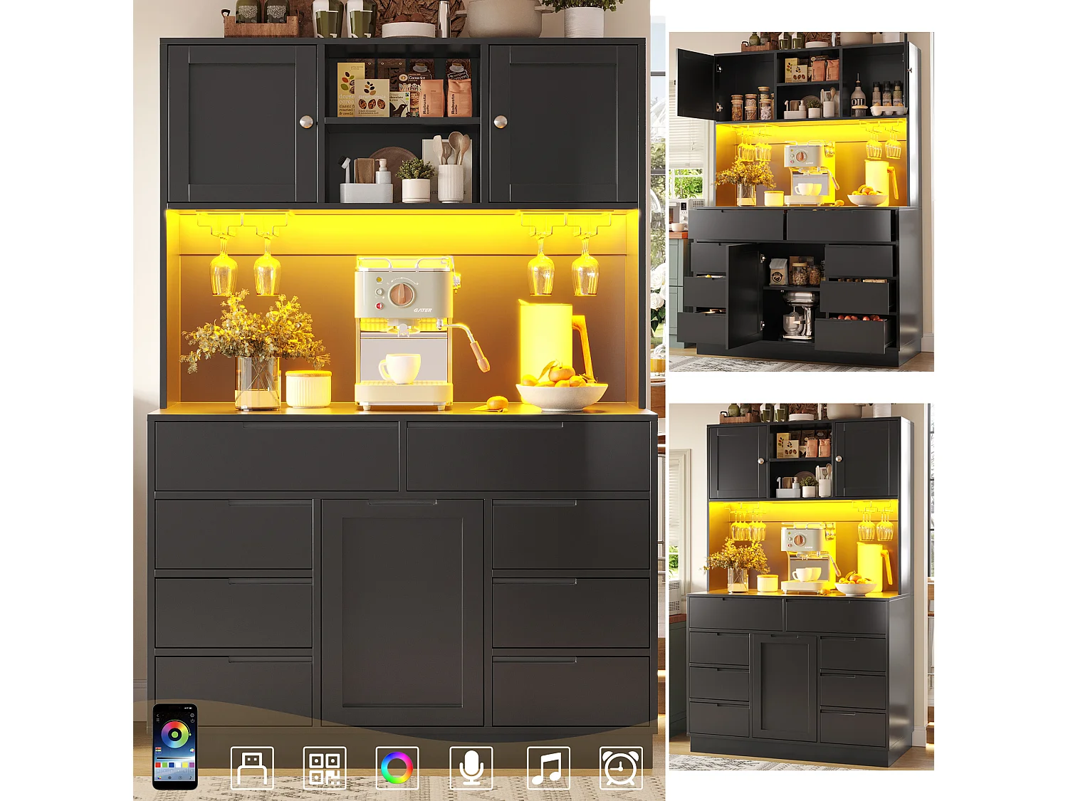 Wysoka komoda kuchenna - 120 x 40 x 183,5 cm - z diodami LED + USB + drzwi magnetyczne + 8 szuflad - MDF - czarna