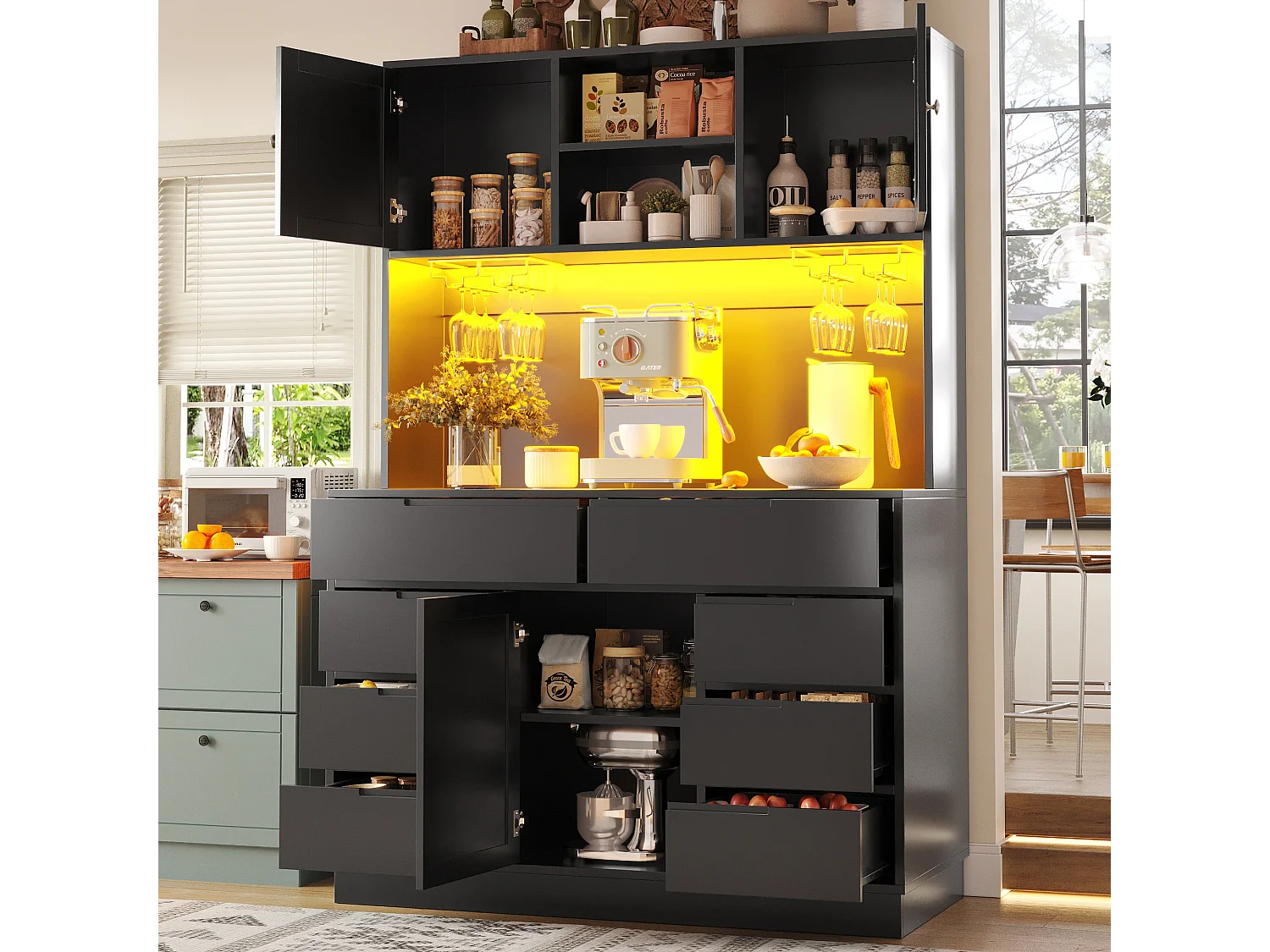 Wysoka komoda kuchenna - 120 x 40 x 183,5 cm - z diodami LED + USB + drzwi magnetyczne + 8 szuflad - MDF - czarna