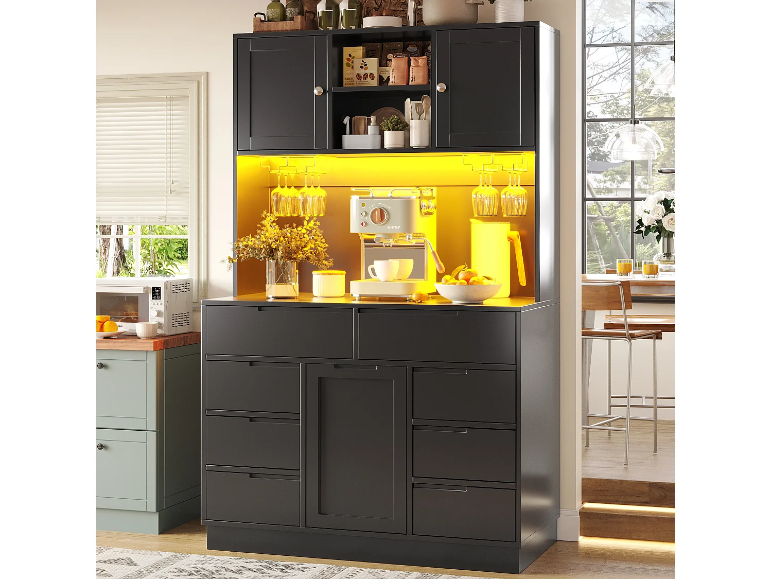 Wysoka komoda kuchenna - 120 x 40 x 183,5 cm - z diodami LED + USB + drzwi magnetyczne + 8 szuflad - MDF - czarna