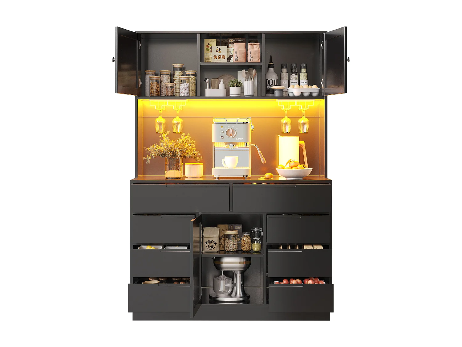 Wysoka komoda kuchenna - 120 x 40 x 183,5 cm - z diodami LED + USB + drzwi magnetyczne + 8 szuflad - MDF - czarna