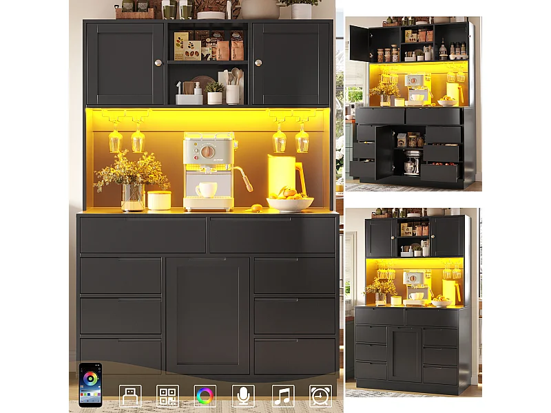 Buffet haute de cuisine - 120 x 40 x 183.5 cm - avec Leds + USB + portes magnétique + 8 tiroirs - MDF - noir