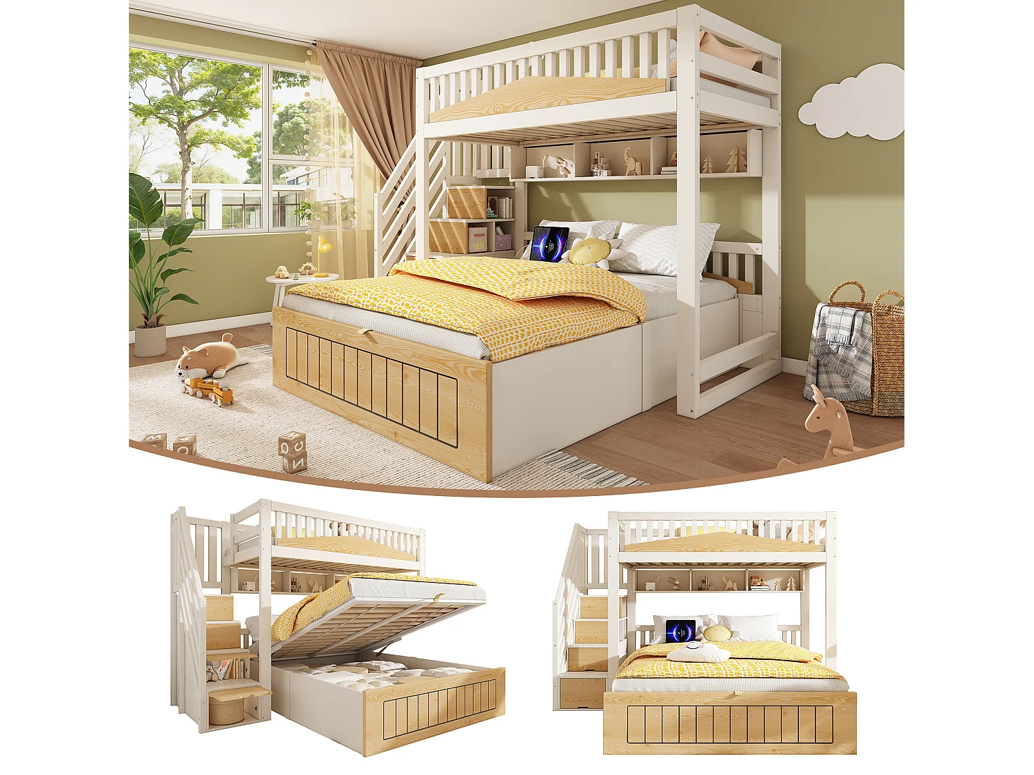 Lit superposé enfant - 90 x 200 + 140 x 200 cm - avec rangement hydraulique + escalier de rangement + USB - bois + métal - naturel