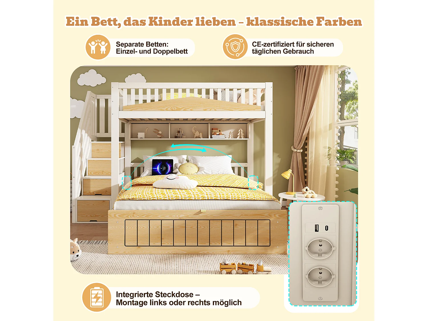 Lit superposé enfant - 90 x 200 + 140 x 200 cm - avec rangement hydraulique + escalier de rangement + USB - bois + métal - naturel