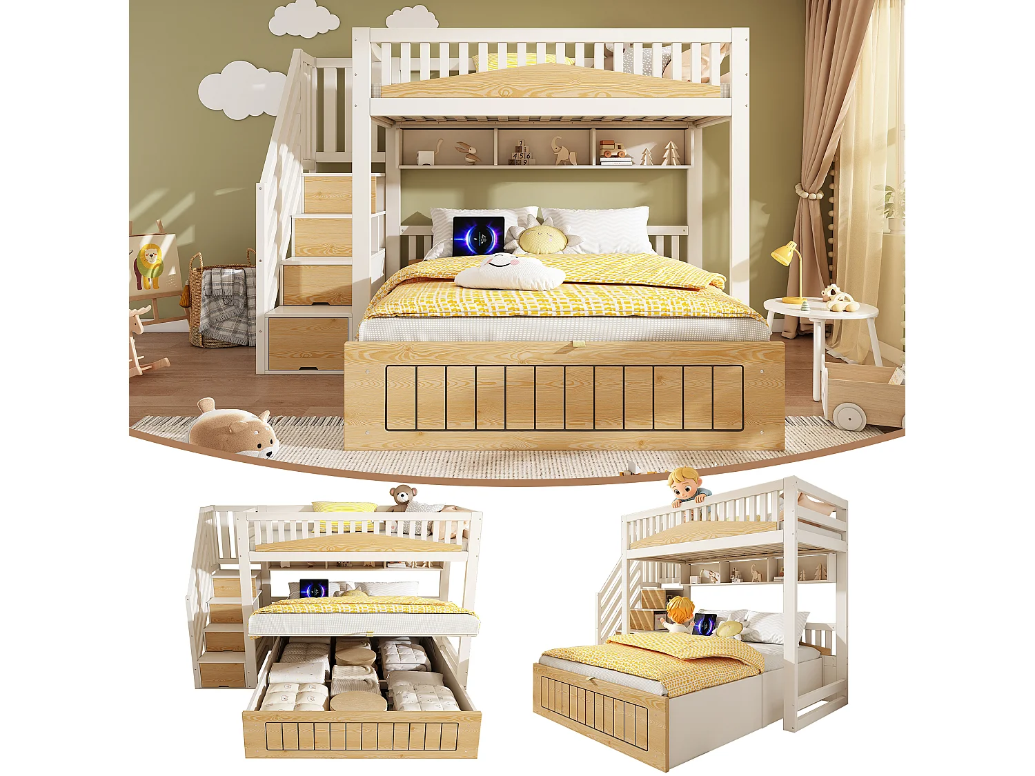 Lit superposé enfant - 90 x 200 + 140 x 200 cm - avec rangement hydraulique + escalier de rangement + USB - bois + métal - naturel