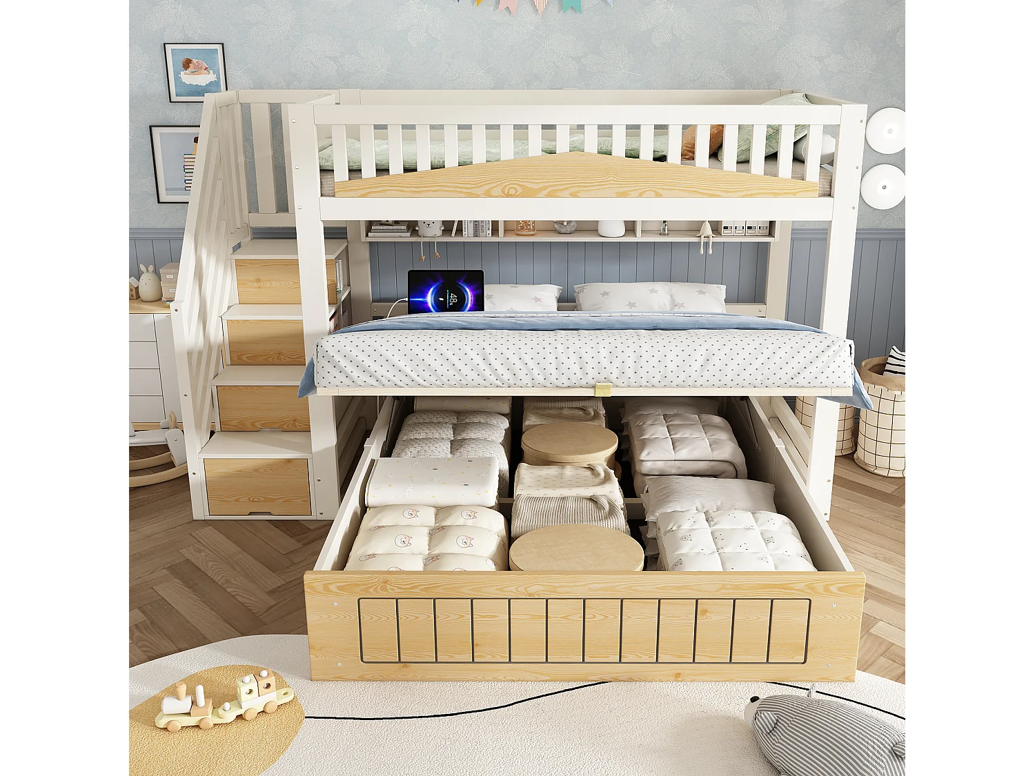 Lit superposé enfant - 90 x 200 + 140 x 200 cm - avec rangement hydraulique + escalier de rangement + USB - bois + métal - naturel