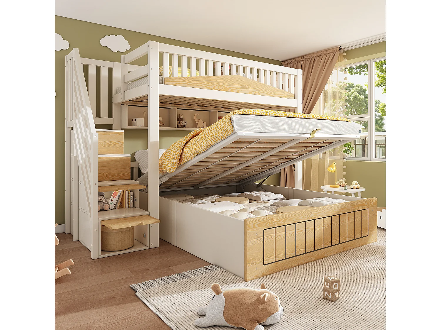 Lit superposé enfant - 90 x 200 + 140 x 200 cm - avec rangement hydraulique + escalier de rangement + USB - bois + métal - naturel