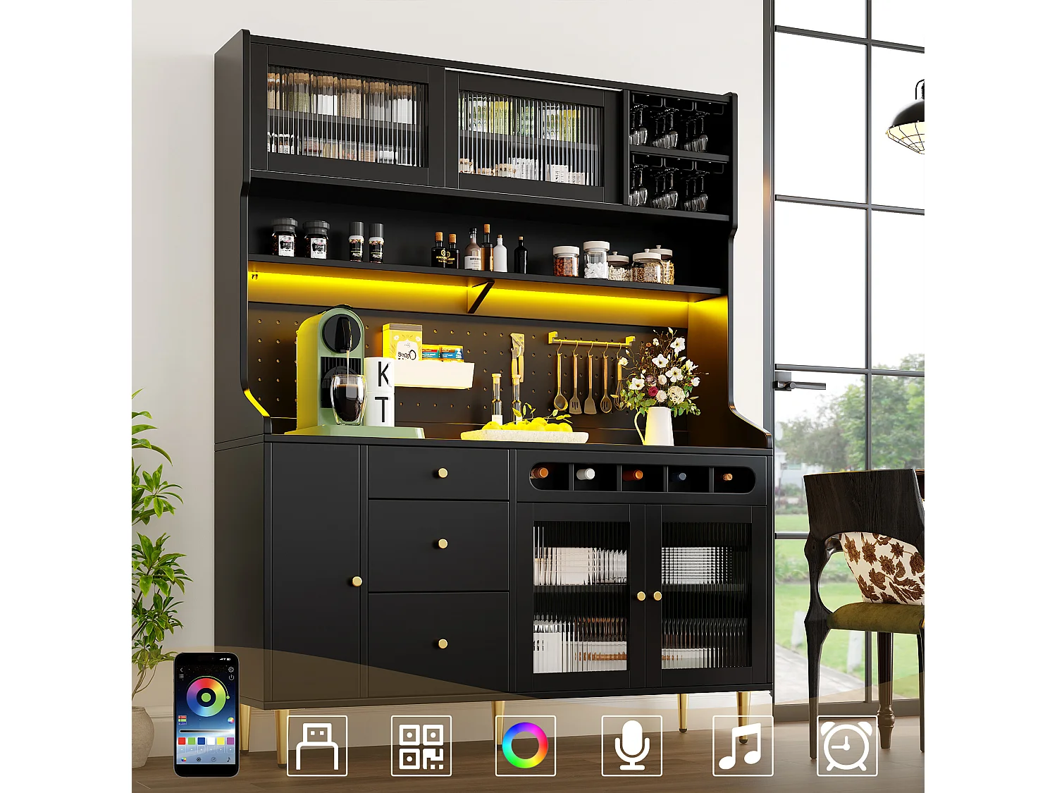Hohes Küchen-Sideboard – 145 x 39 x 171 cm – mit LED-Beleuchtung, Weinregal, Glastüren und 3 Schubladen – Glas + MDF – schwarz