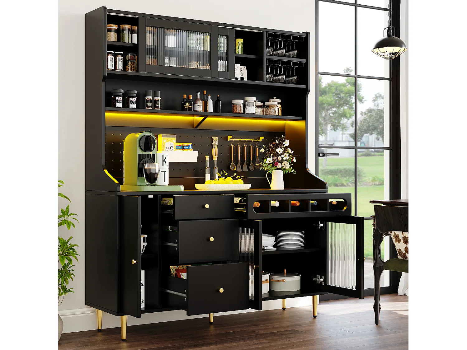 Hohes Küchen-Sideboard – 145 x 39 x 171 cm – mit LED-Beleuchtung, Weinregal, Glastüren und 3 Schubladen – Glas + MDF – schwarz