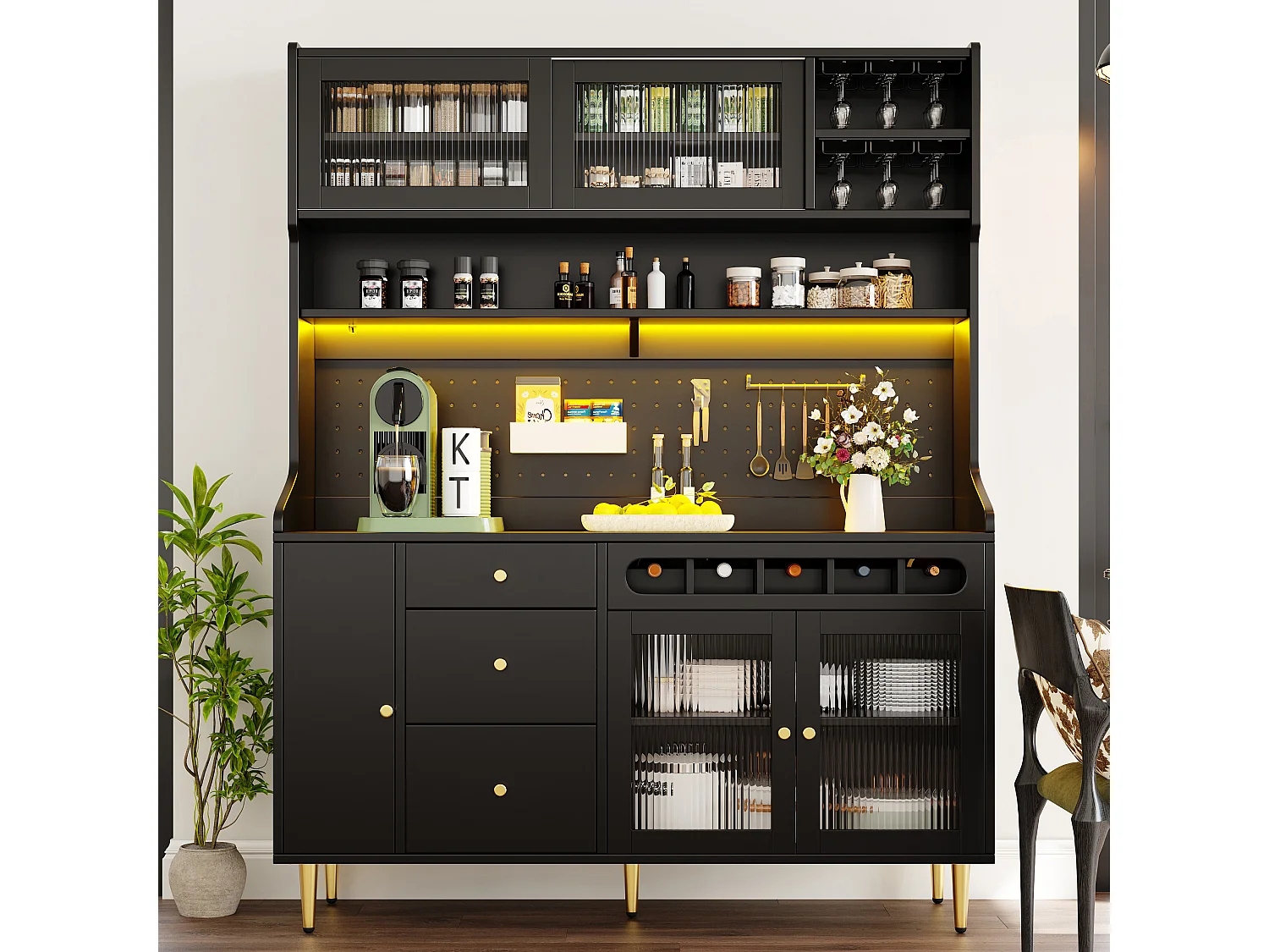 Hohes Küchen-Sideboard – 145 x 39 x 171 cm – mit LED-Beleuchtung, Weinregal, Glastüren und 3 Schubladen – Glas + MDF – schwarz