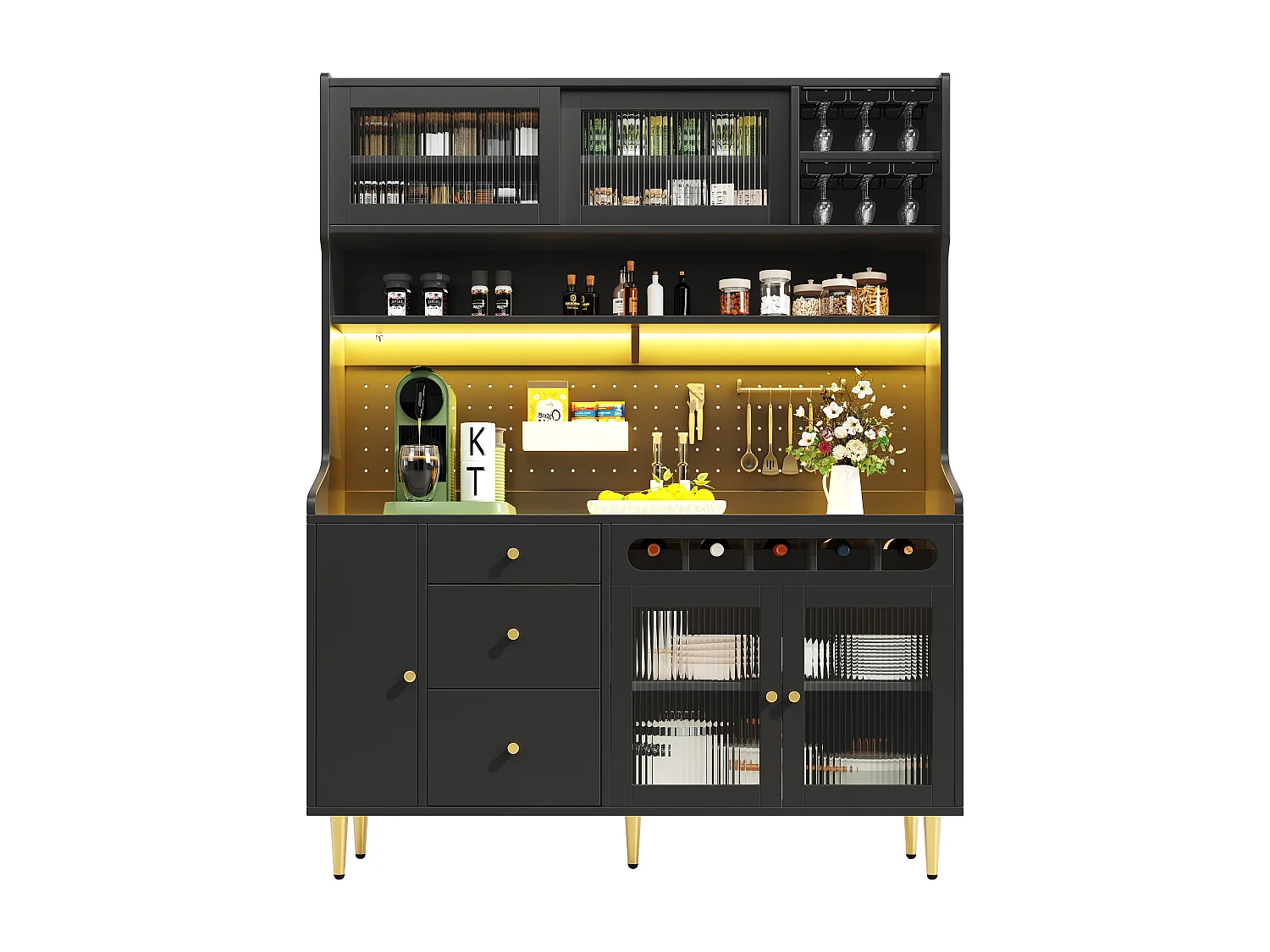 Hohes Küchen-Sideboard – 145 x 39 x 171 cm – mit LED-Beleuchtung, Weinregal, Glastüren und 3 Schubladen – Glas + MDF – schwarz