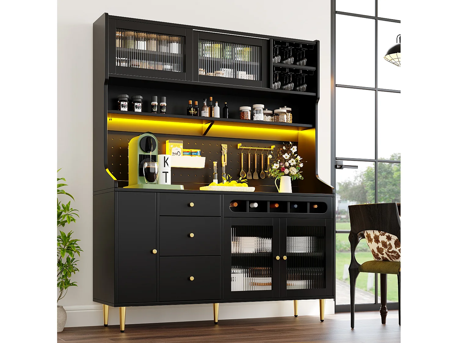 Hohes Küchen-Sideboard – 145 x 39 x 171 cm – mit LED-Beleuchtung, Weinregal, Glastüren und 3 Schubladen – Glas + MDF – schwarz