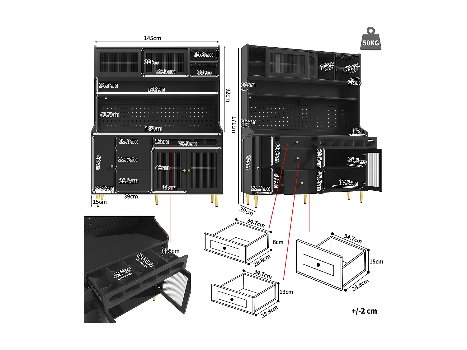 Hohes Küchen-Sideboard – 145 x 39 x 171 cm – mit LED-Beleuchtung, Weinregal, Glastüren und 3 Schubladen – Glas + MDF – schwarz
