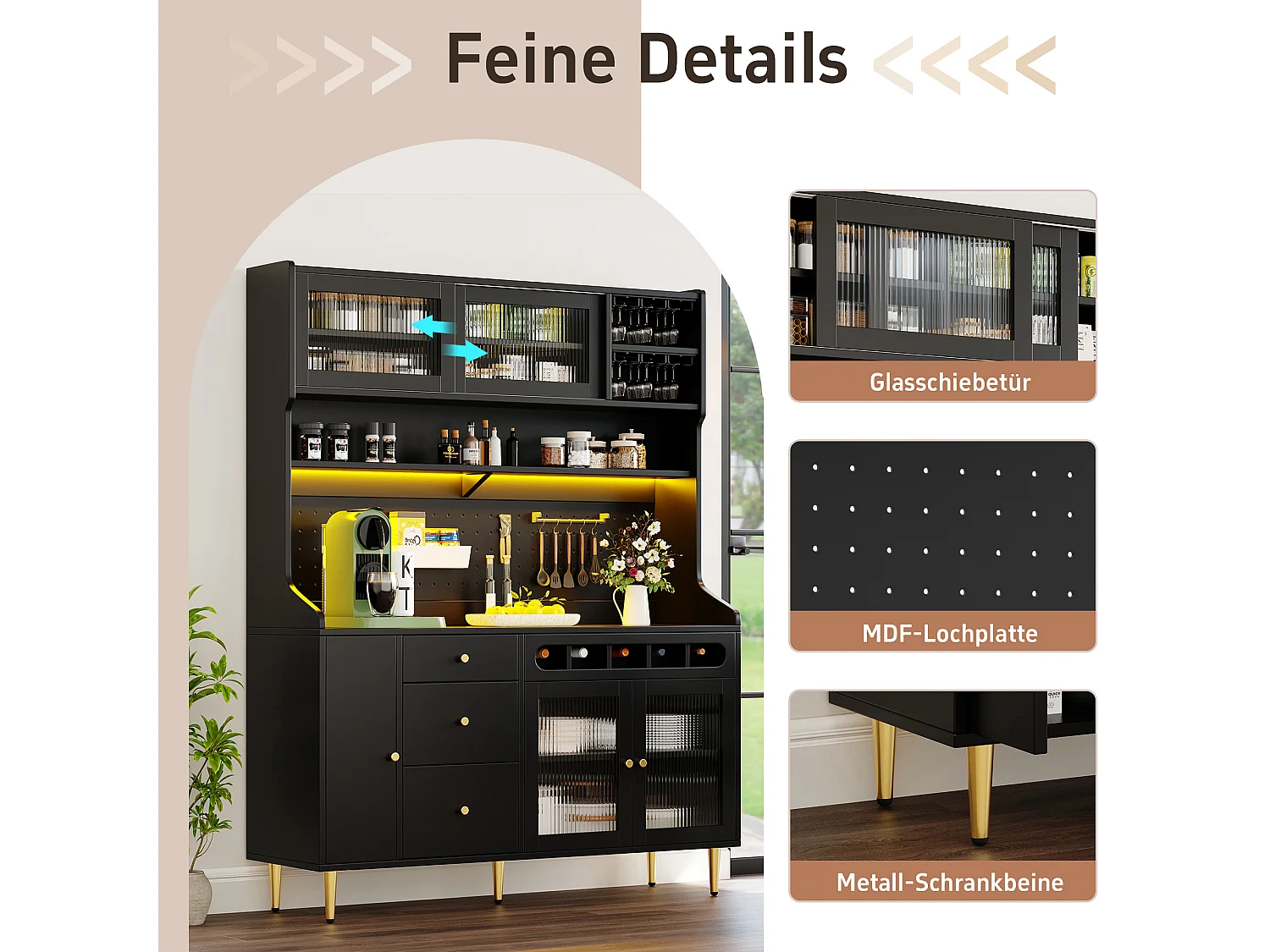 Hohes Küchen-Sideboard – 145 x 39 x 171 cm – mit LED-Beleuchtung, Weinregal, Glastüren und 3 Schubladen – Glas + MDF – schwarz