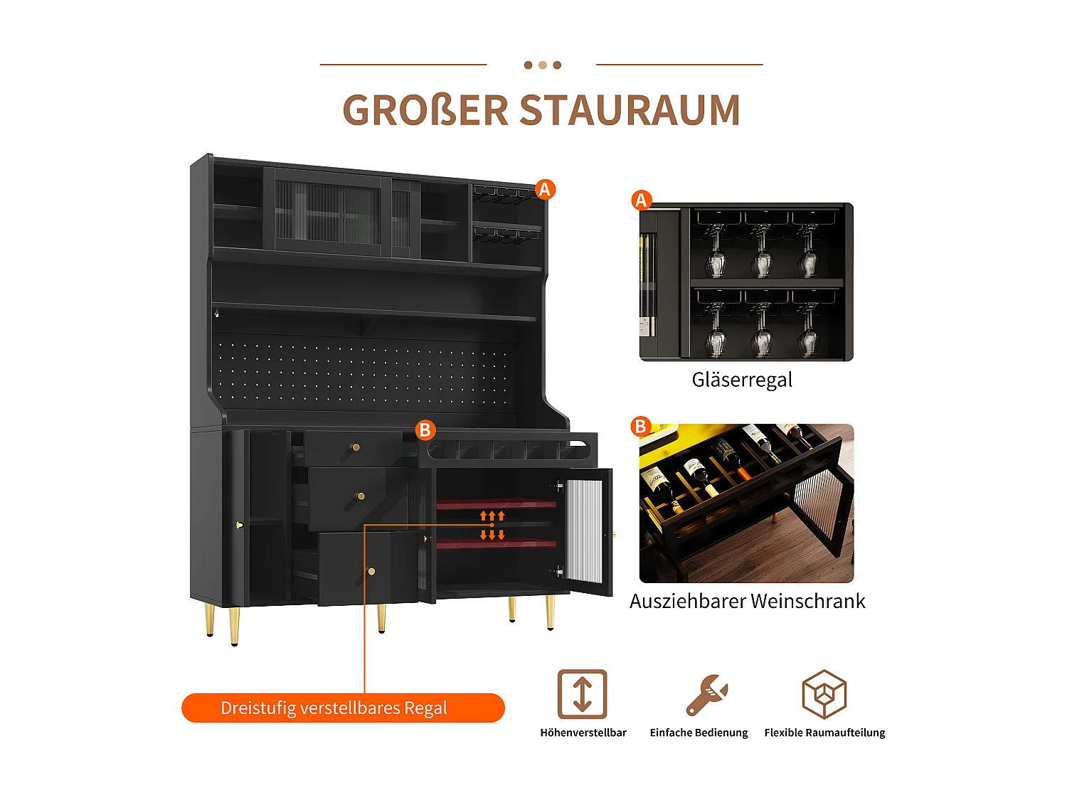 Hohes Küchen-Sideboard – 145 x 39 x 171 cm – mit LED-Beleuchtung, Weinregal, Glastüren und 3 Schubladen – Glas + MDF – schwarz