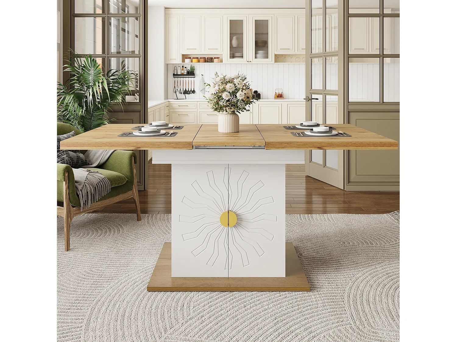 Table à manger extensible avec motif soleil - 110 (140) x 70 x 76 cm - avec 2 portes - MDF - blanc + naturel