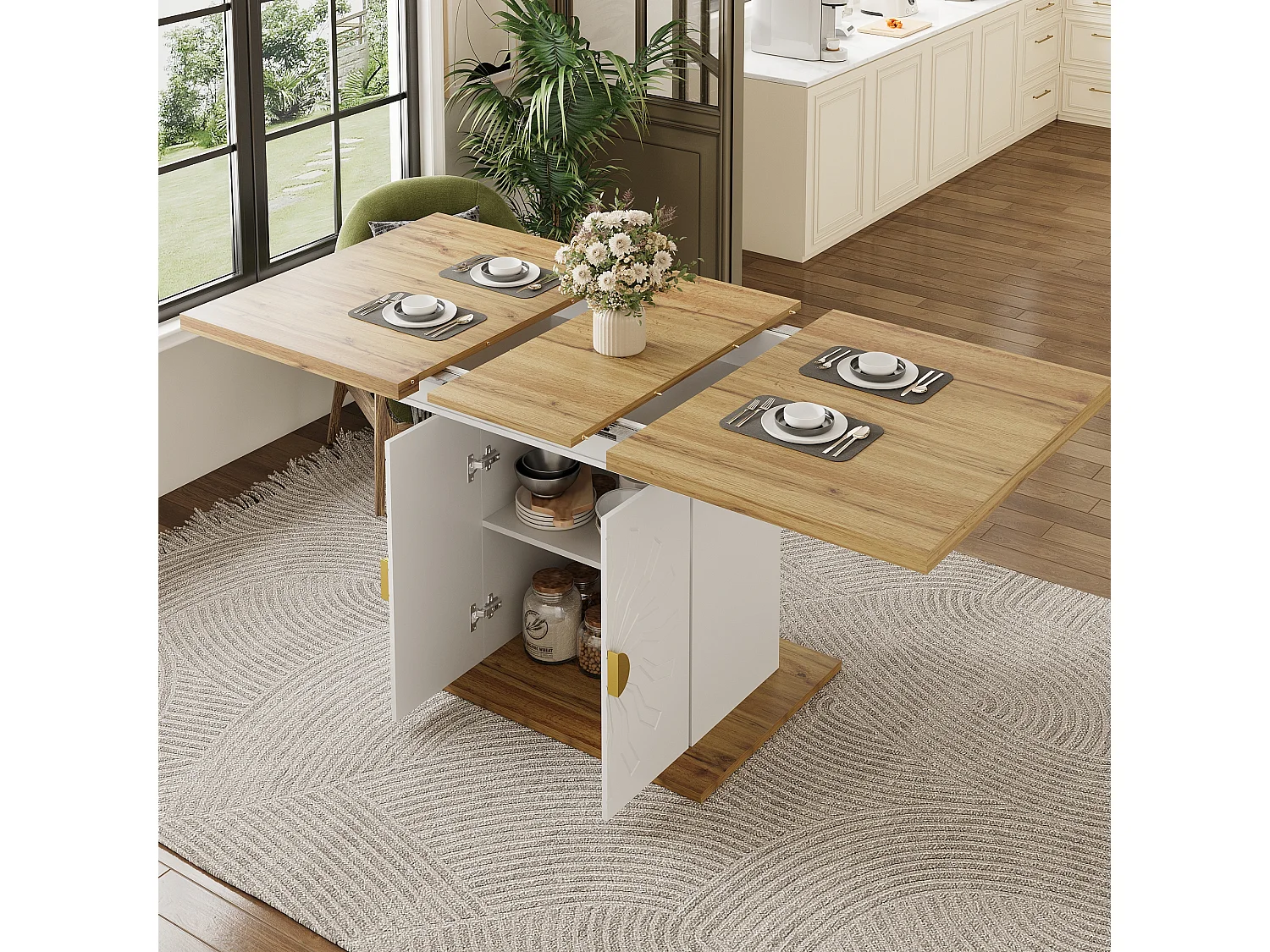 Table à manger extensible avec motif soleil - 110 (140) x 70 x 76 cm - avec 2 portes - MDF - blanc + naturel