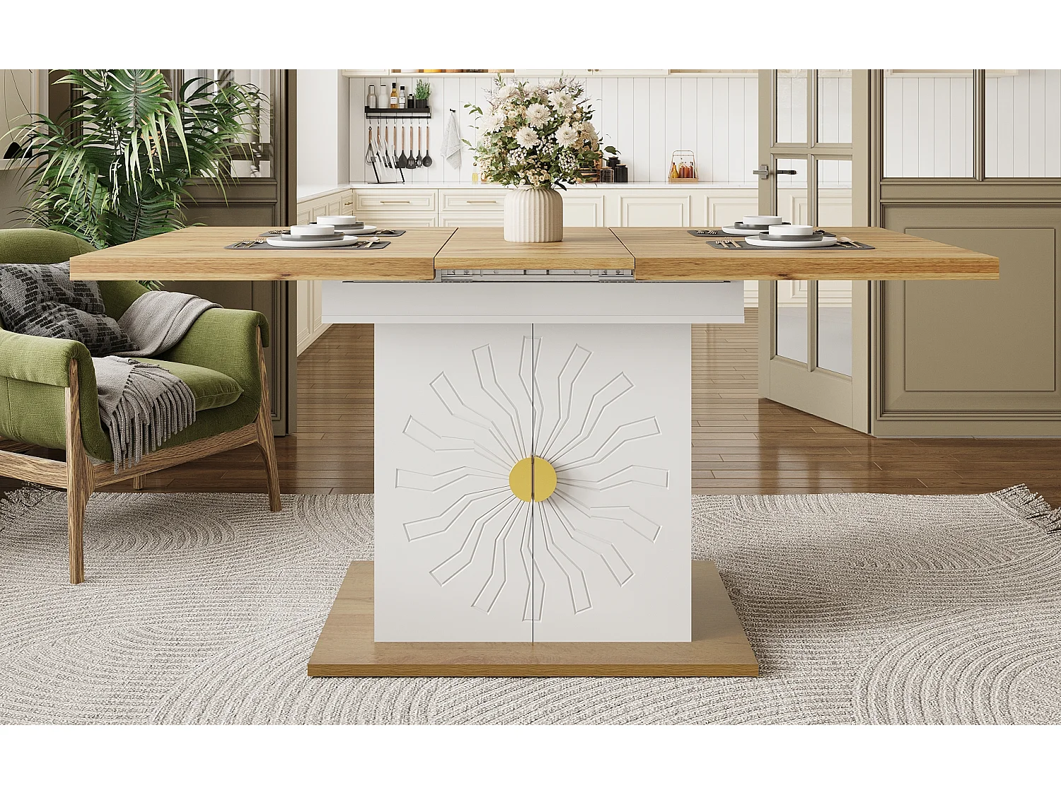 Table à manger extensible avec motif soleil - 110 (140) x 70 x 76 cm - avec 2 portes - MDF - blanc + naturel