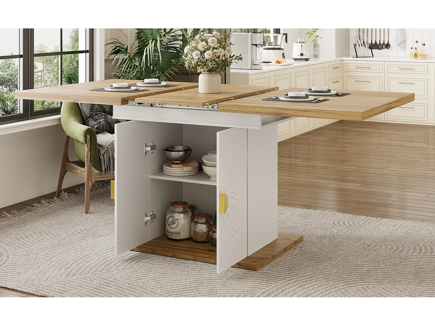 Table à manger extensible avec motif soleil - 110 (140) x 70 x 76 cm - avec 2 portes - MDF - blanc + naturel